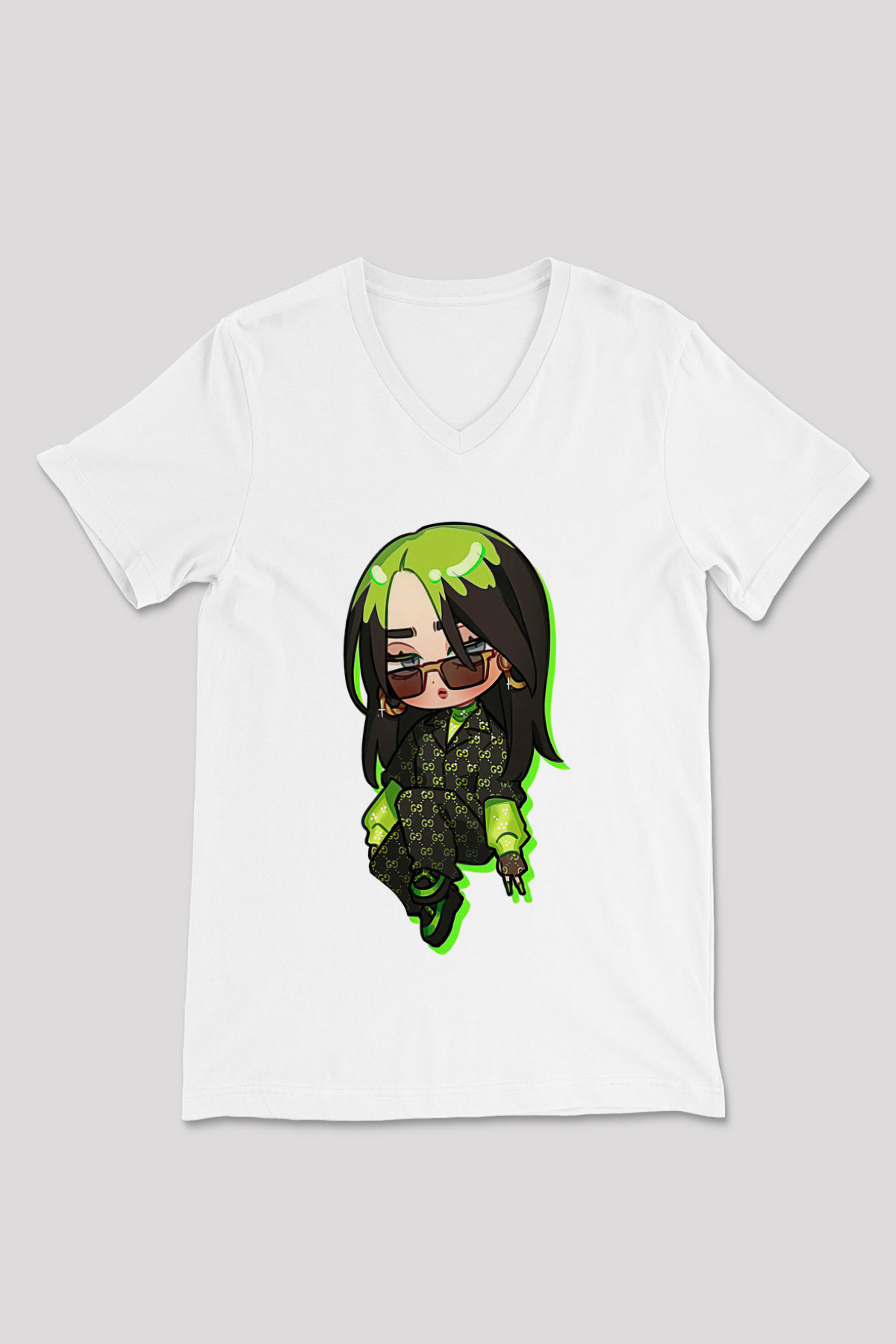 Billie Eilish Baskılı Beyaz Unisex V Yaka Tişört - Tshirt