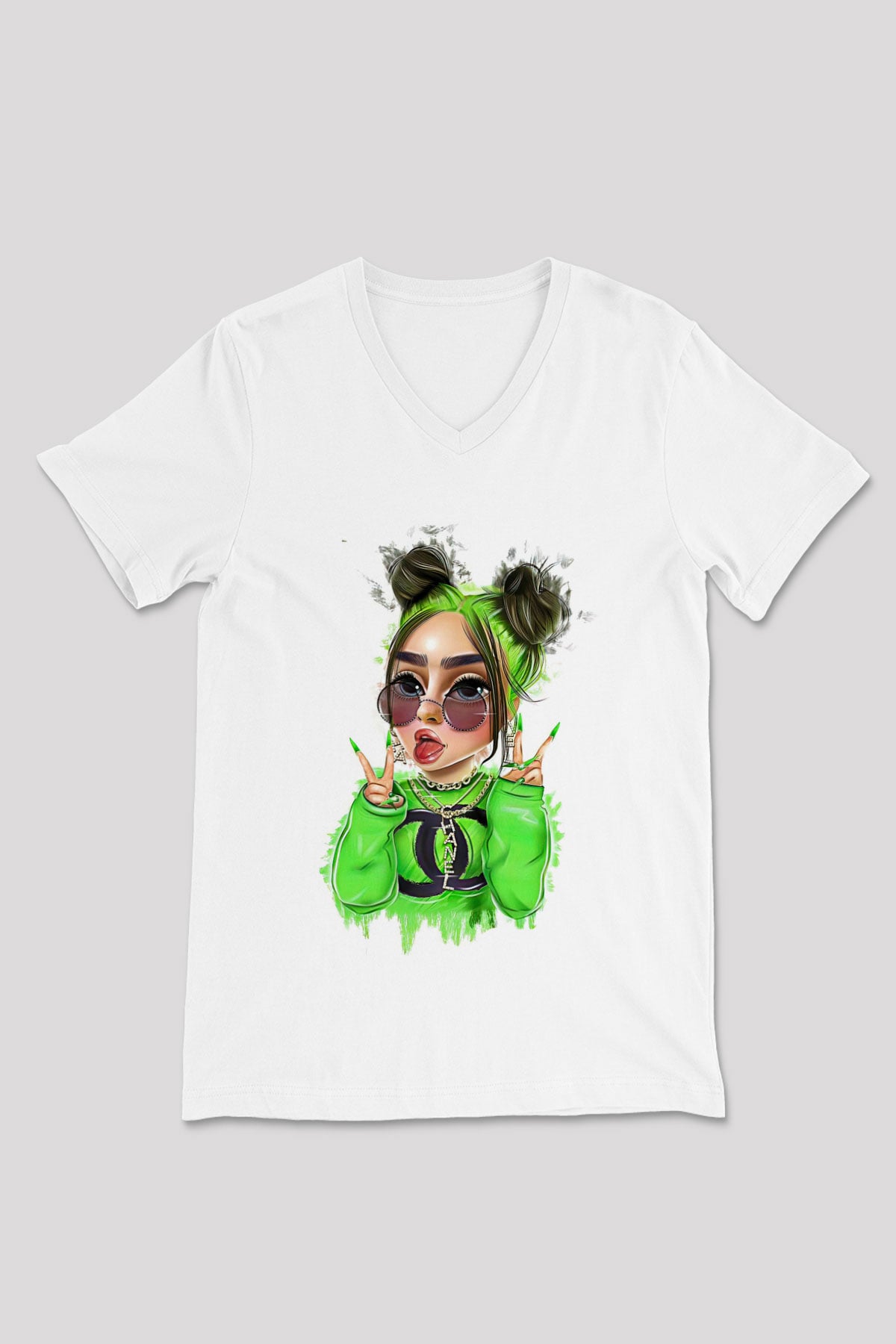Billie Eilish Baskılı Beyaz Unisex V Yaka Tişört - Tshirt