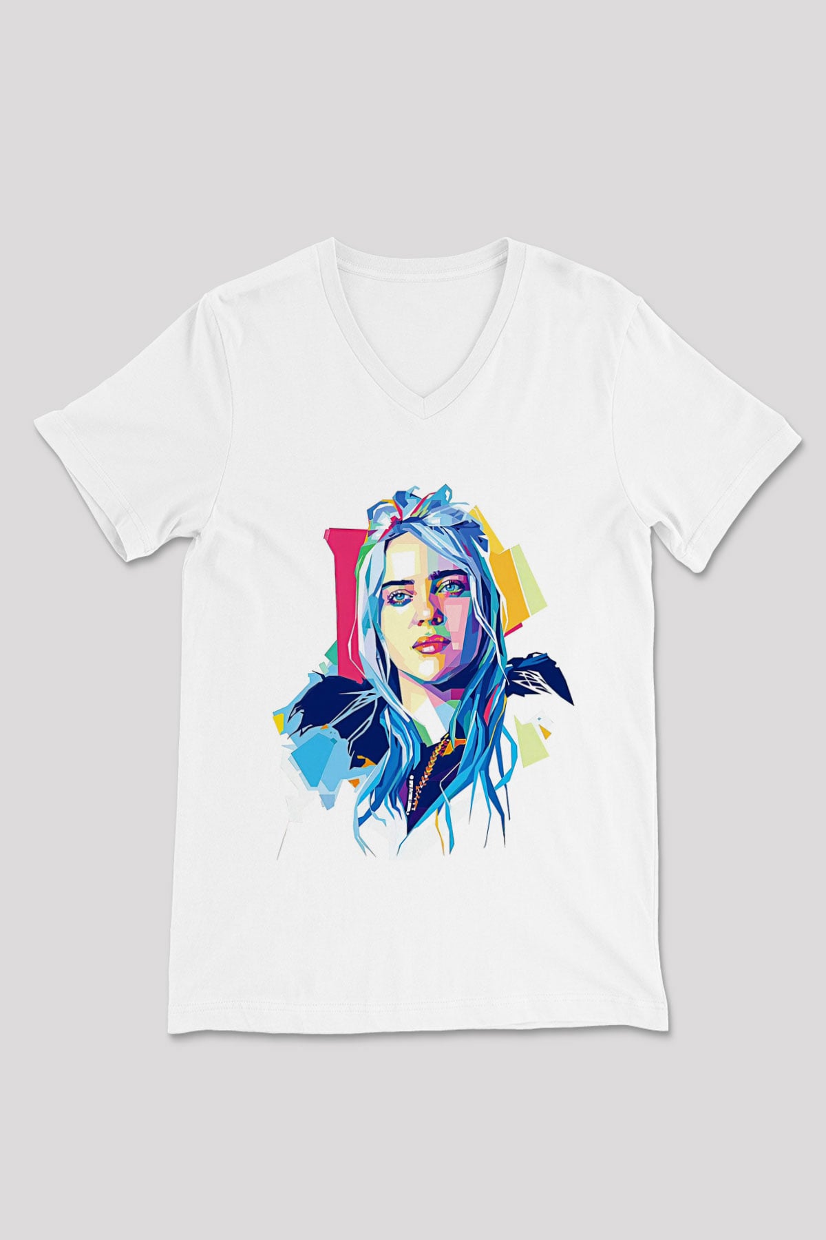 Billie Eilish Baskılı Beyaz Unisex V Yaka Tişört - Tshirt
