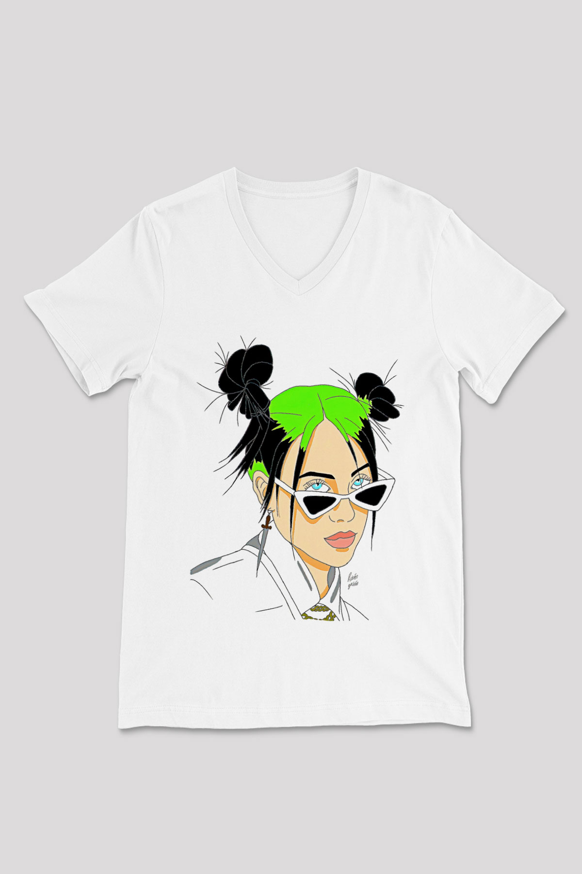 Billie Eilish Baskılı Beyaz Unisex V Yaka Tişört - Tshirt