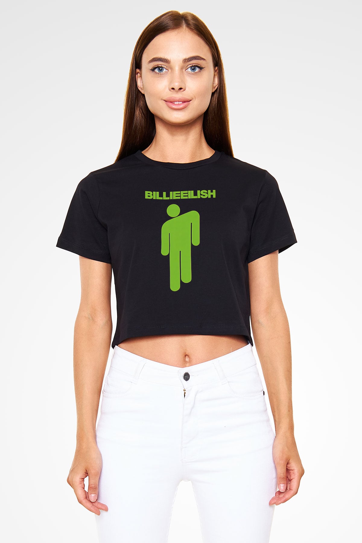 Billie Eilish Baskılı Siyah Crop Top Kadın Tişört - Tshirt