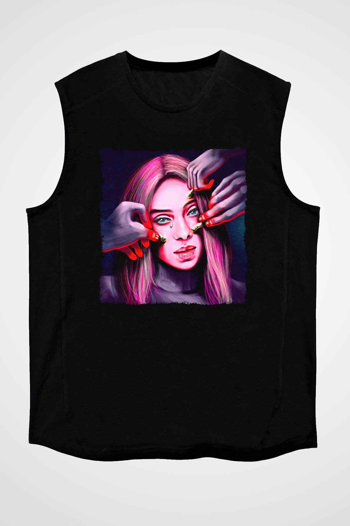 Billie Eilish Baskılı Unisex Siyah Kolsuz Tişört - Tshirt