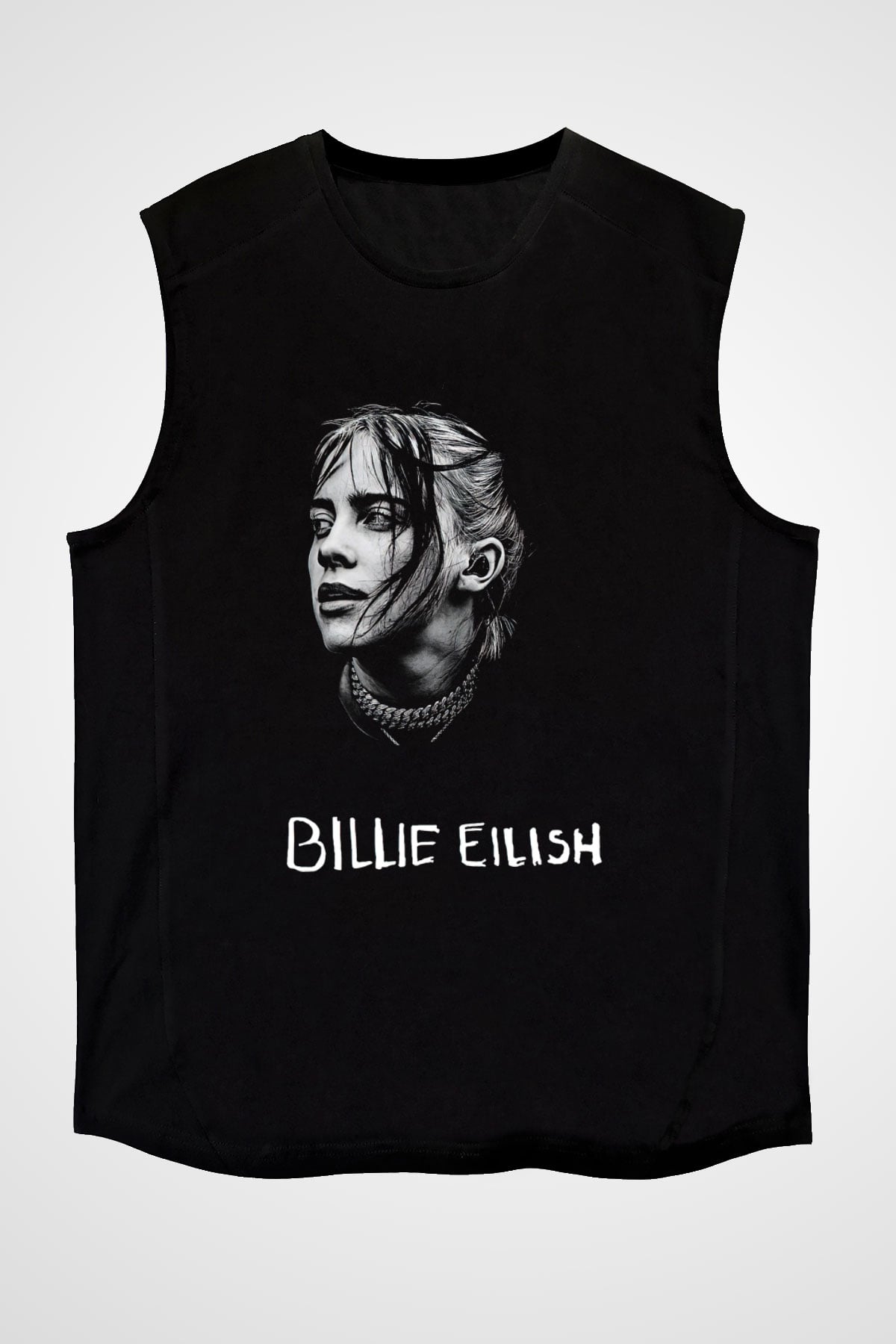 Billie Eilish Baskılı Unisex Siyah Kolsuz Tişört - Tshirt