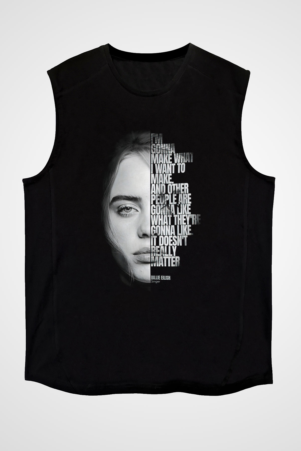 Billie Eilish Baskılı Unisex Siyah Kolsuz Tişört - Tshirt