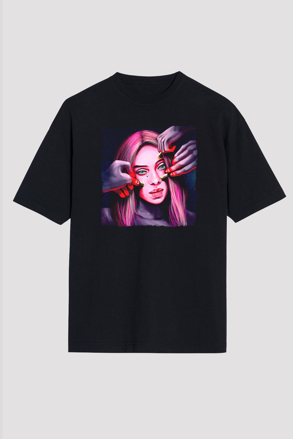 Billie Eilish Baskılı Unisex Siyah Oversize Tişört - Tshirt