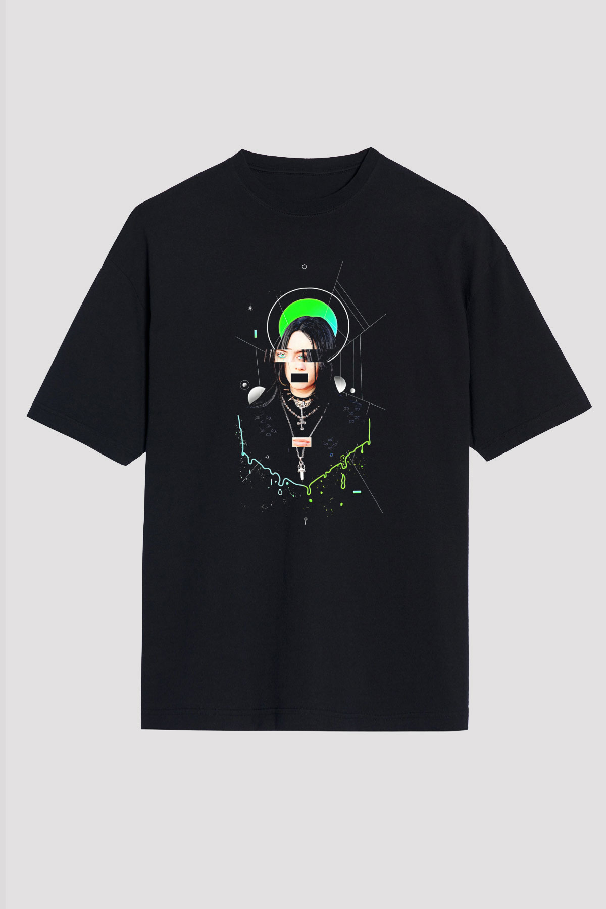 Billie Eilish Baskılı Unisex Siyah Oversize Tişört - Tshirt
