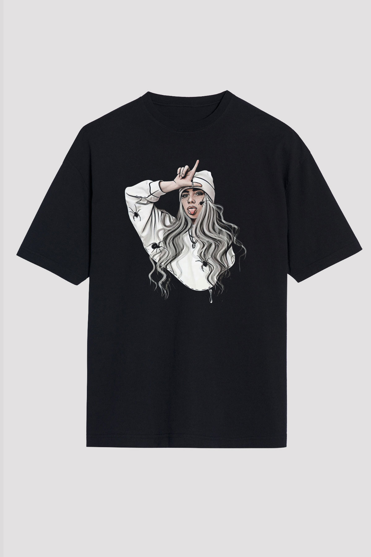 Billie Eilish Baskılı Unisex Siyah Oversize Tişört - Tshirt