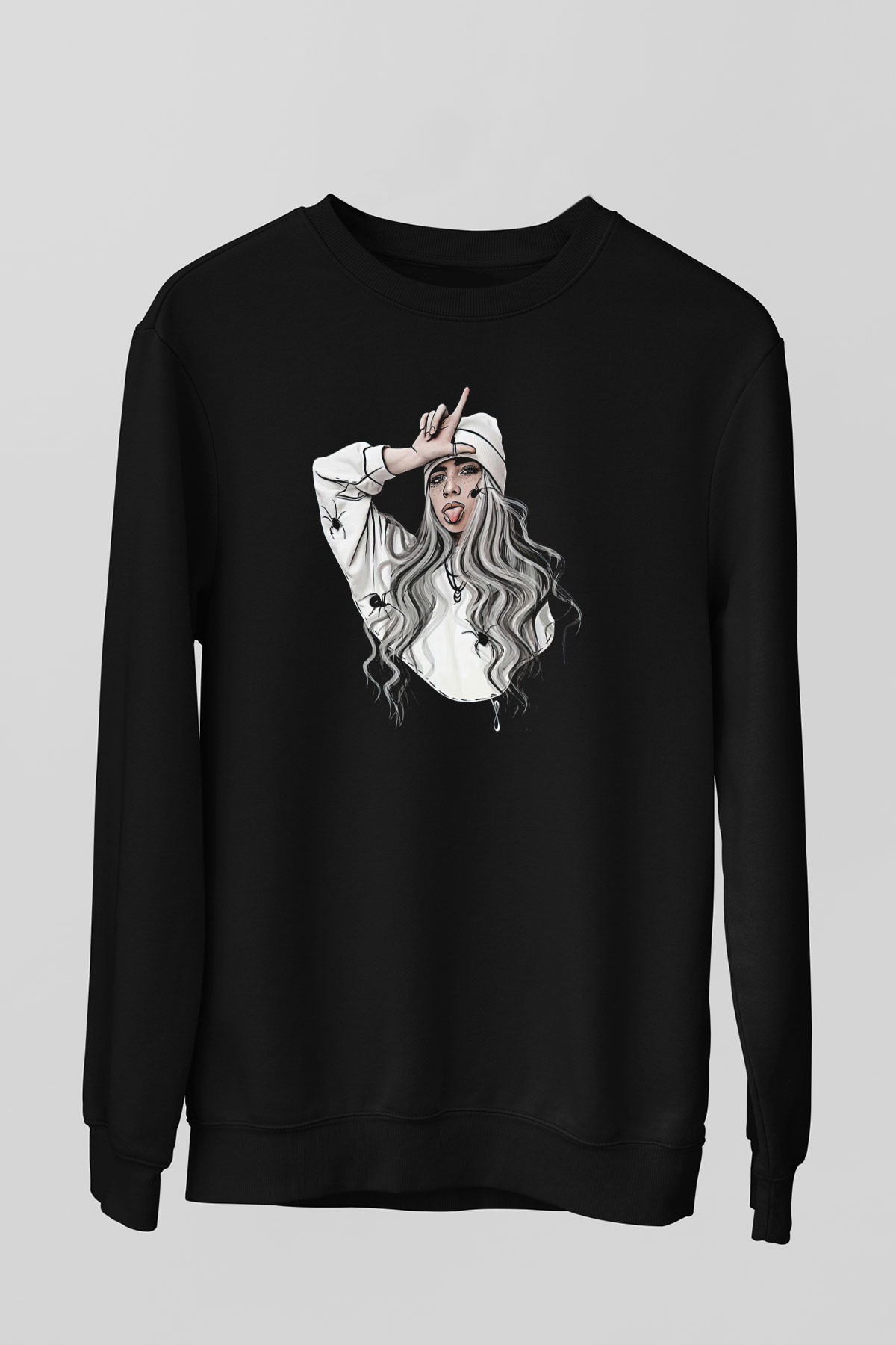 Billie Eilish Baskılı Unisex Siyah Sweatshirt