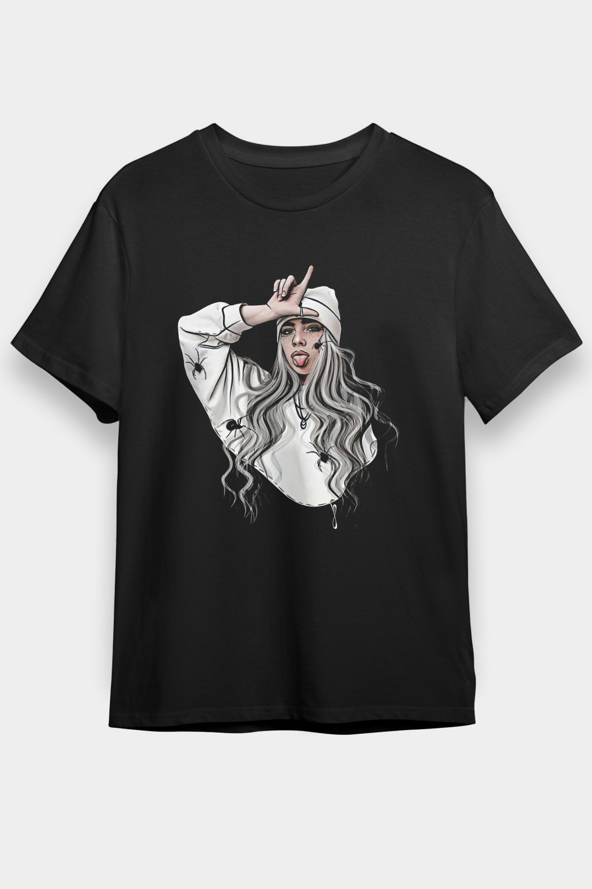 Billie Eilish Baskılı Unisex Siyah Tişört - Tshirt