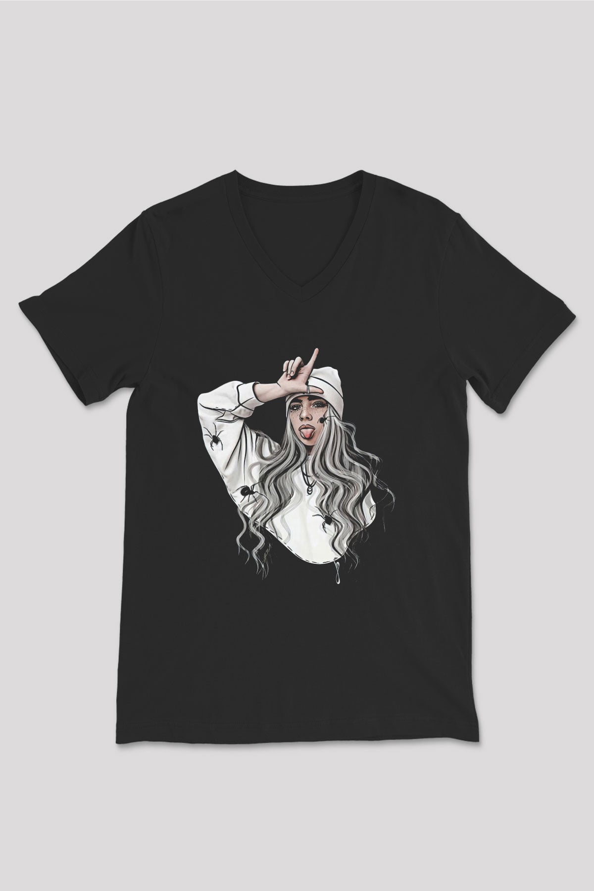 Billie Eilish Baskılı Unisex Siyah V Yaka Tişört - Tshirt