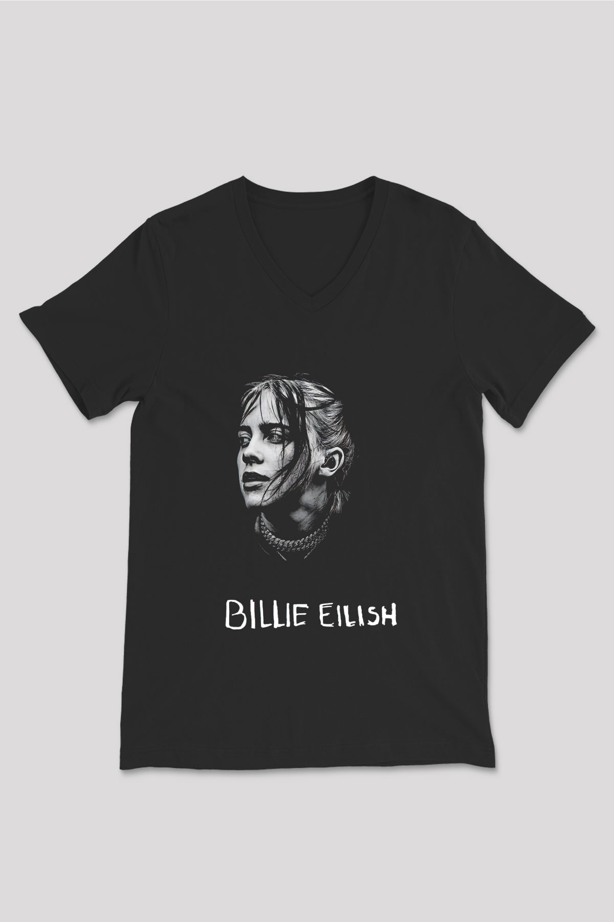 Billie Eilish Baskılı Unisex Siyah V Yaka Tişört - Tshirt