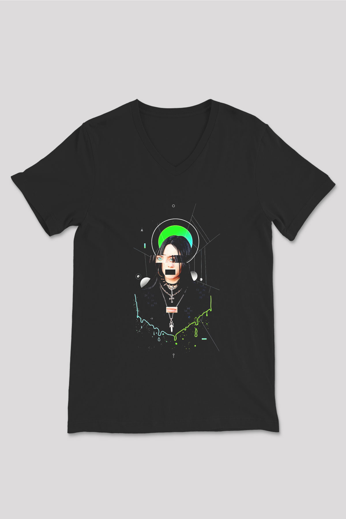 Billie Eilish Baskılı Unisex Siyah V Yaka Tişört - Tshirt