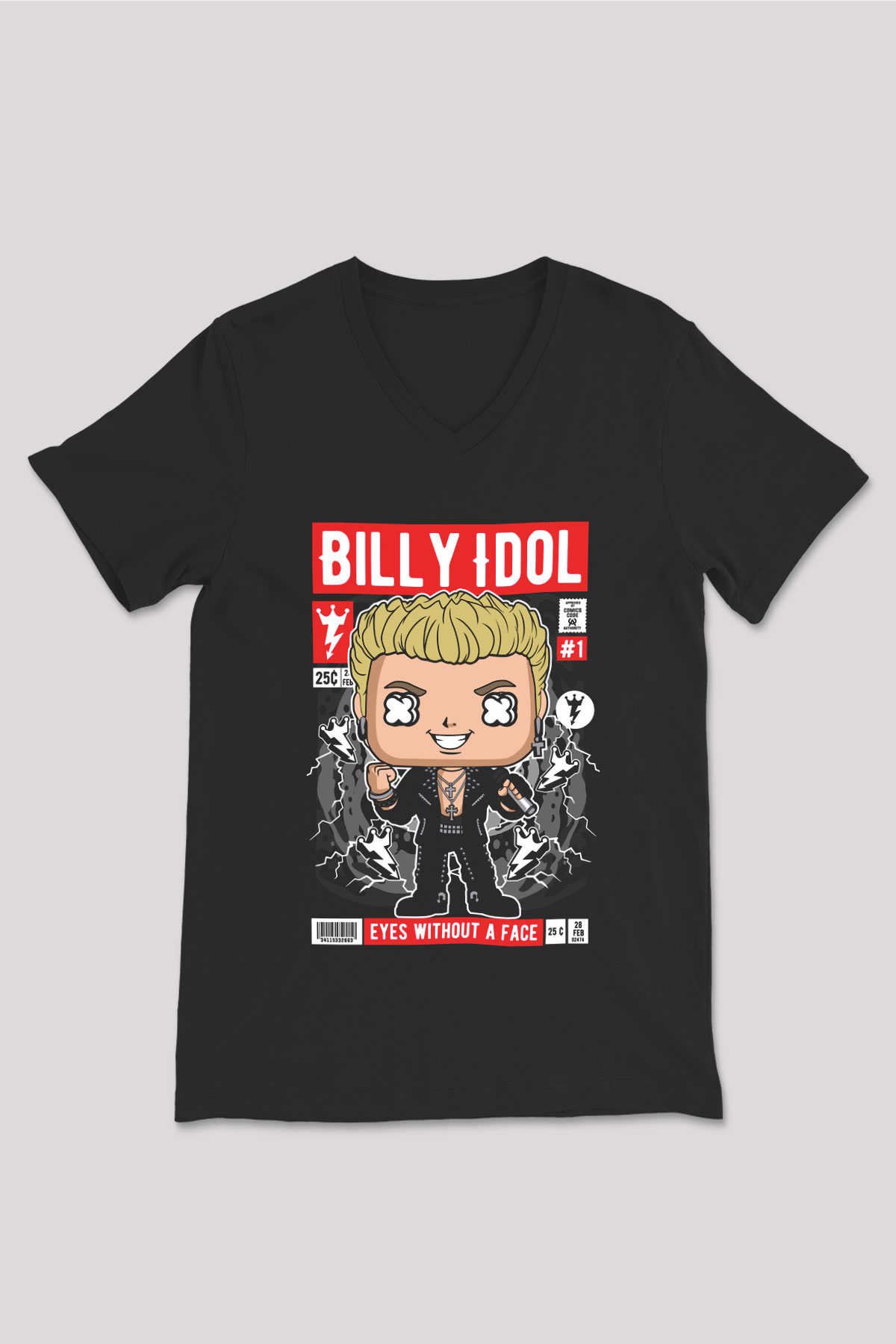 Billy Idol Baskılı Unisex Siyah V Yaka Tişört