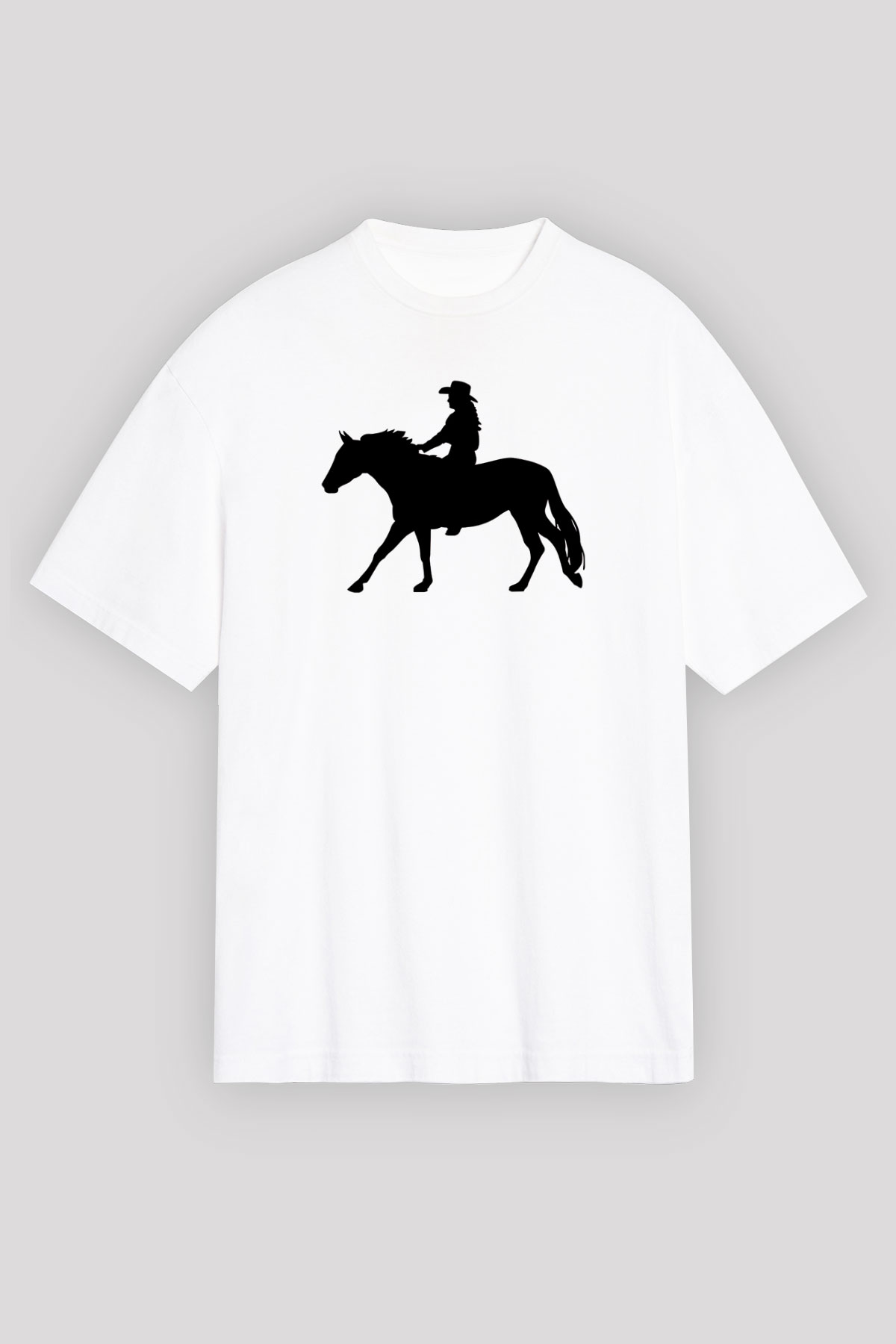 Binicilik Baskılı Unisex Beyaz Oversize Tişört - Tshirt
