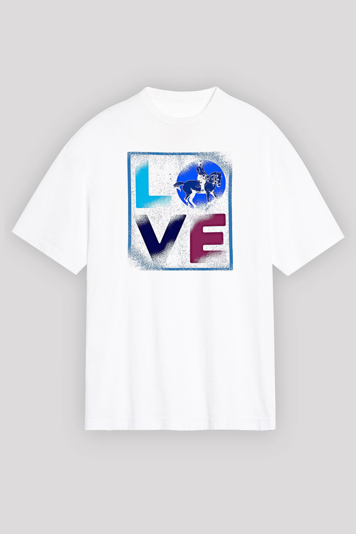 Binicilik Baskılı Unisex Beyaz Oversize Tişört - Tshirt