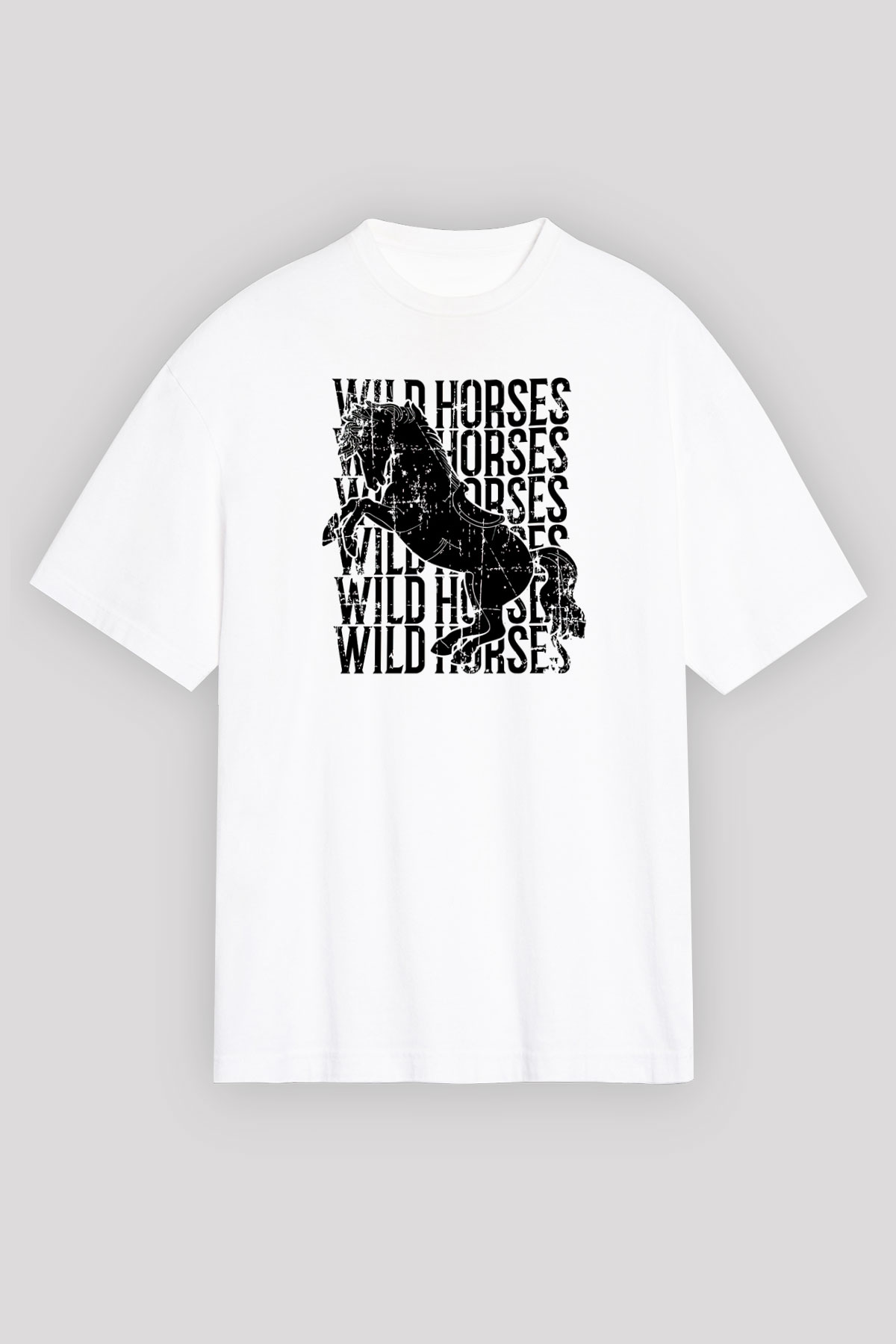 Binicilik Baskılı Unisex Beyaz Oversize Tişört - Tshirt