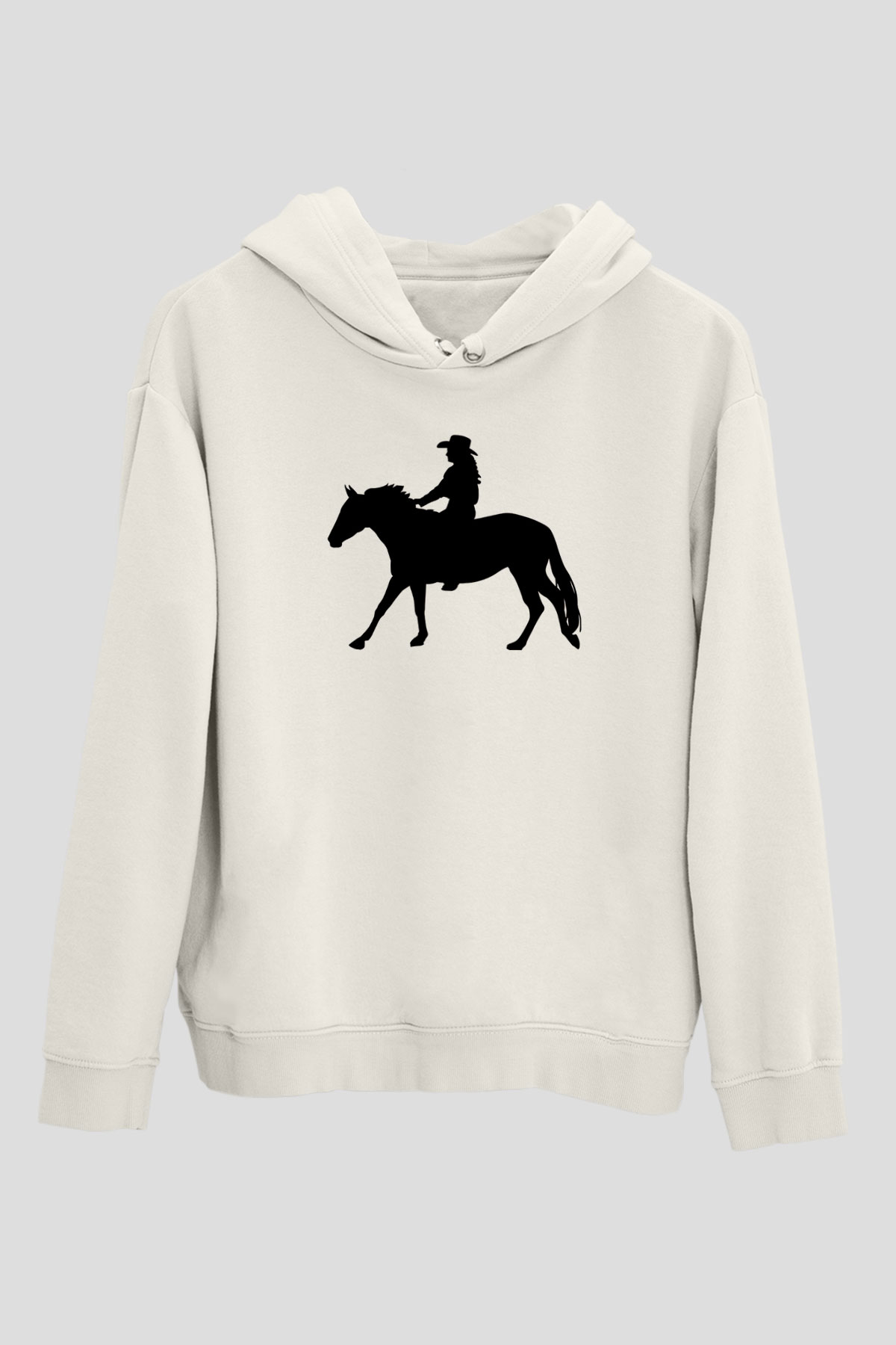 Binicilik Baskılı Unisex Ekru Hoodie