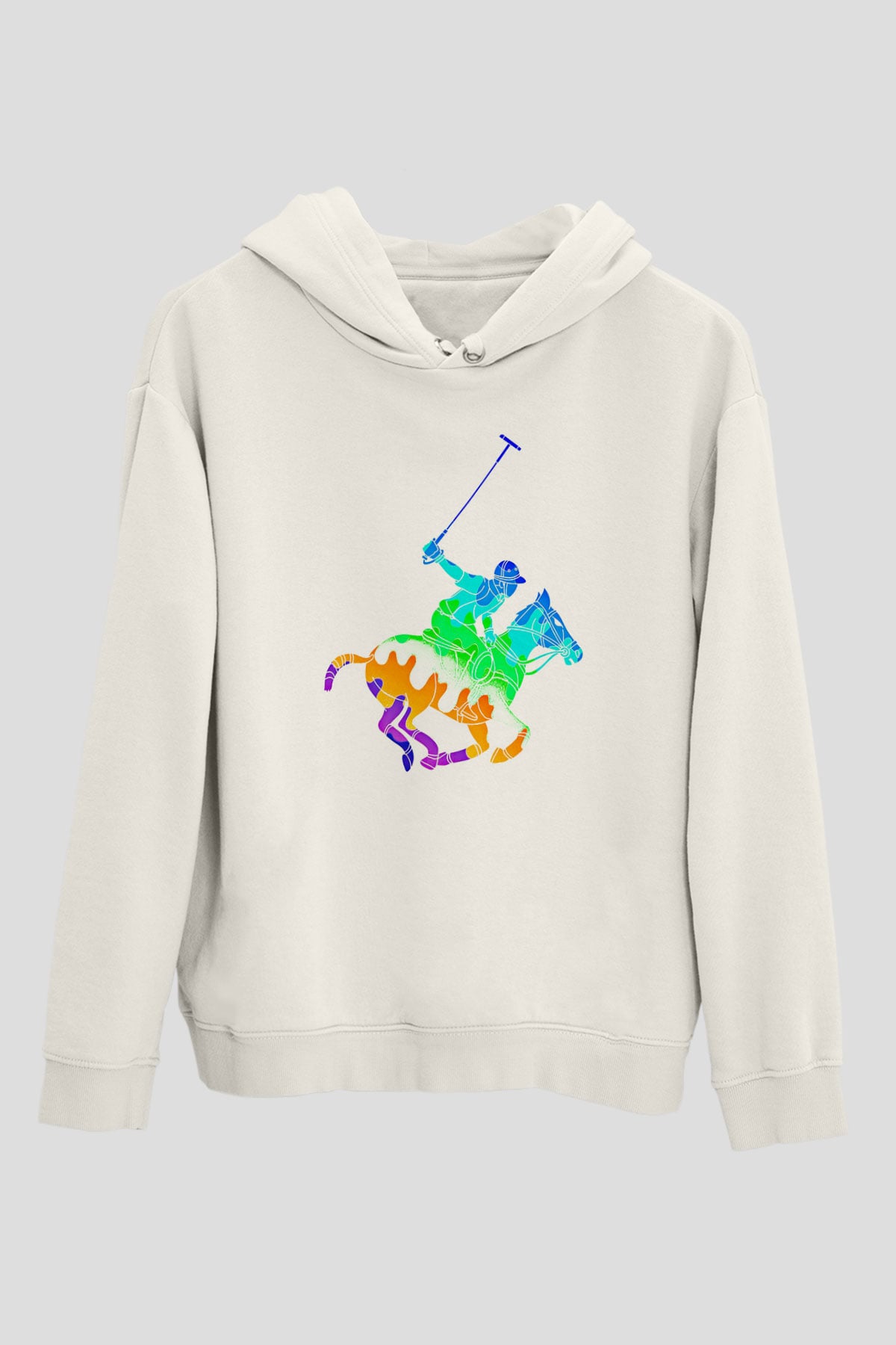 Binicilik Baskılı Unisex Ekru Hoodie