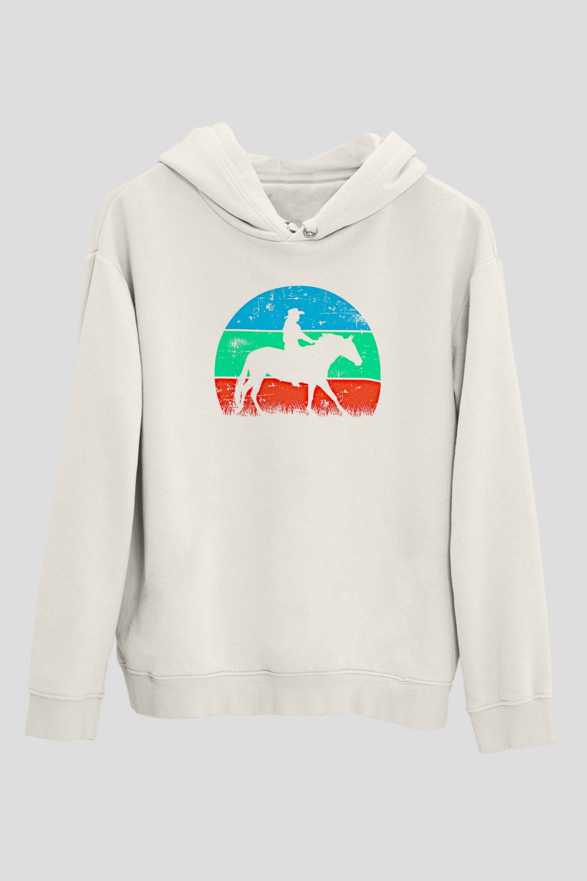 Binicilik Baskılı Unisex Ekru Hoodie