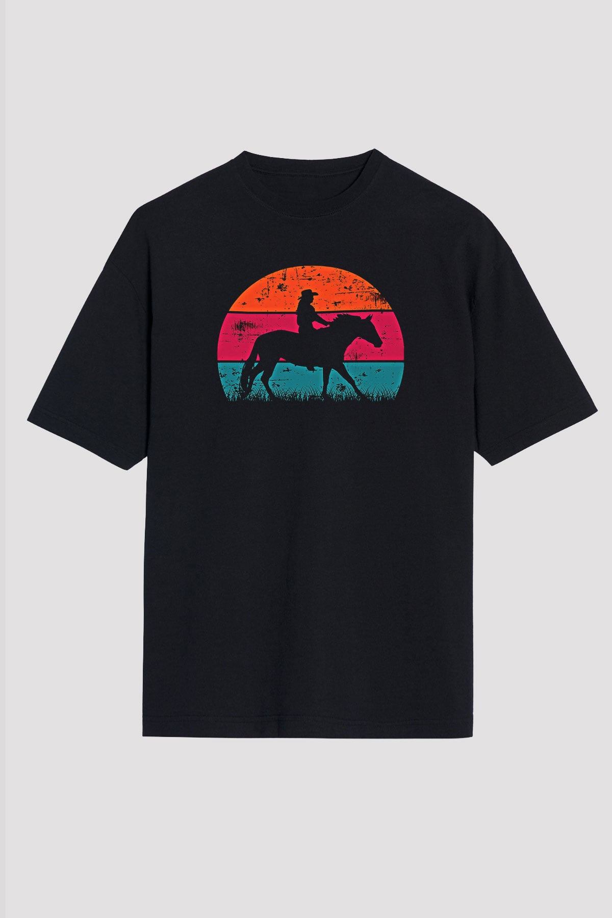 Binicilik - Riding Baskılı Unisex Siyah Oversize Tişört