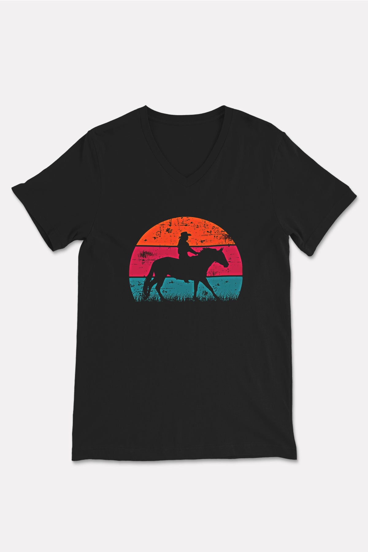 Binicilik - Riding Baskılı Unisex Siyah V Yaka Tişört