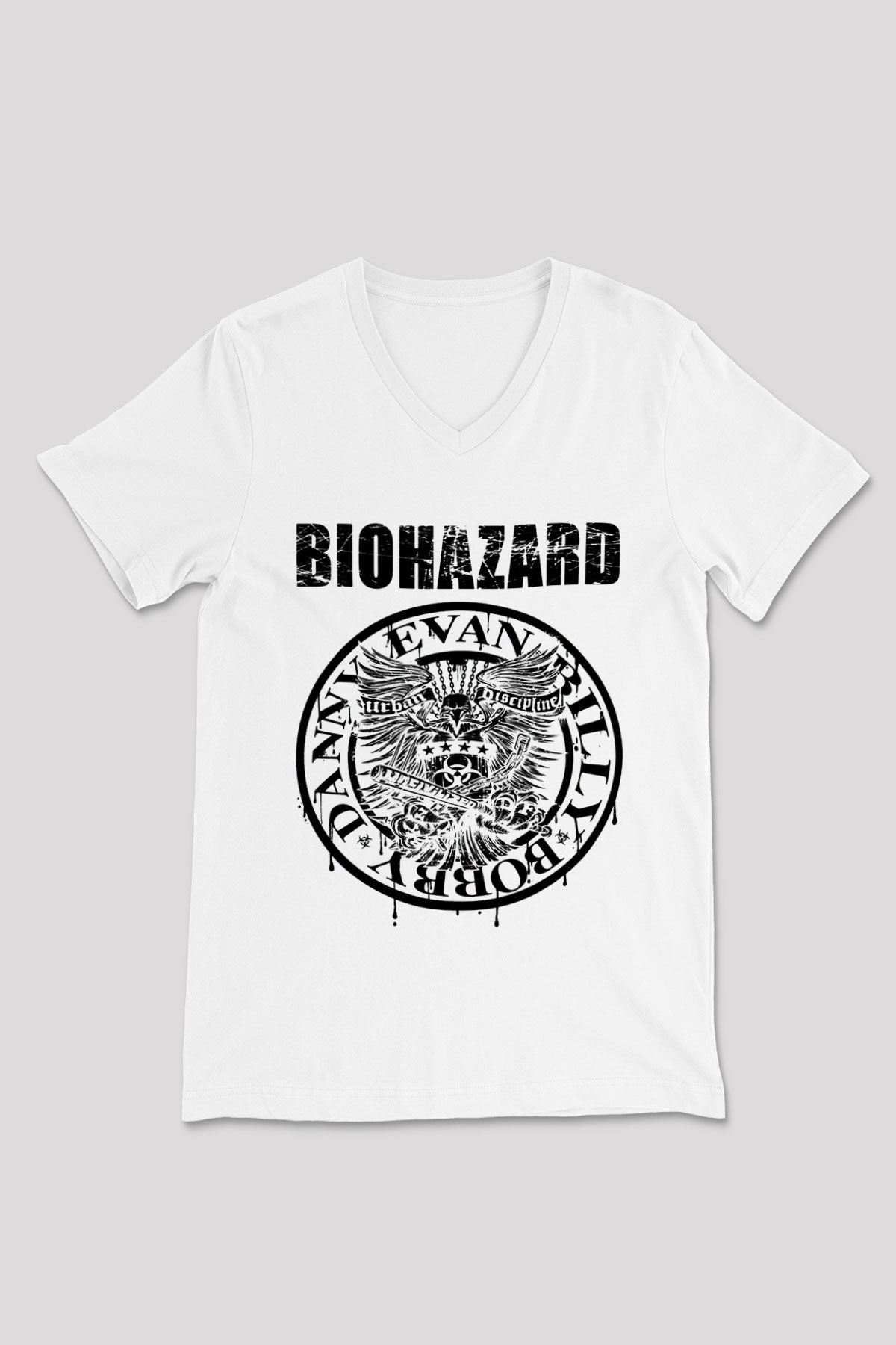Biohazard Beyaz Unisex V Yaka Tişört T-Shirt