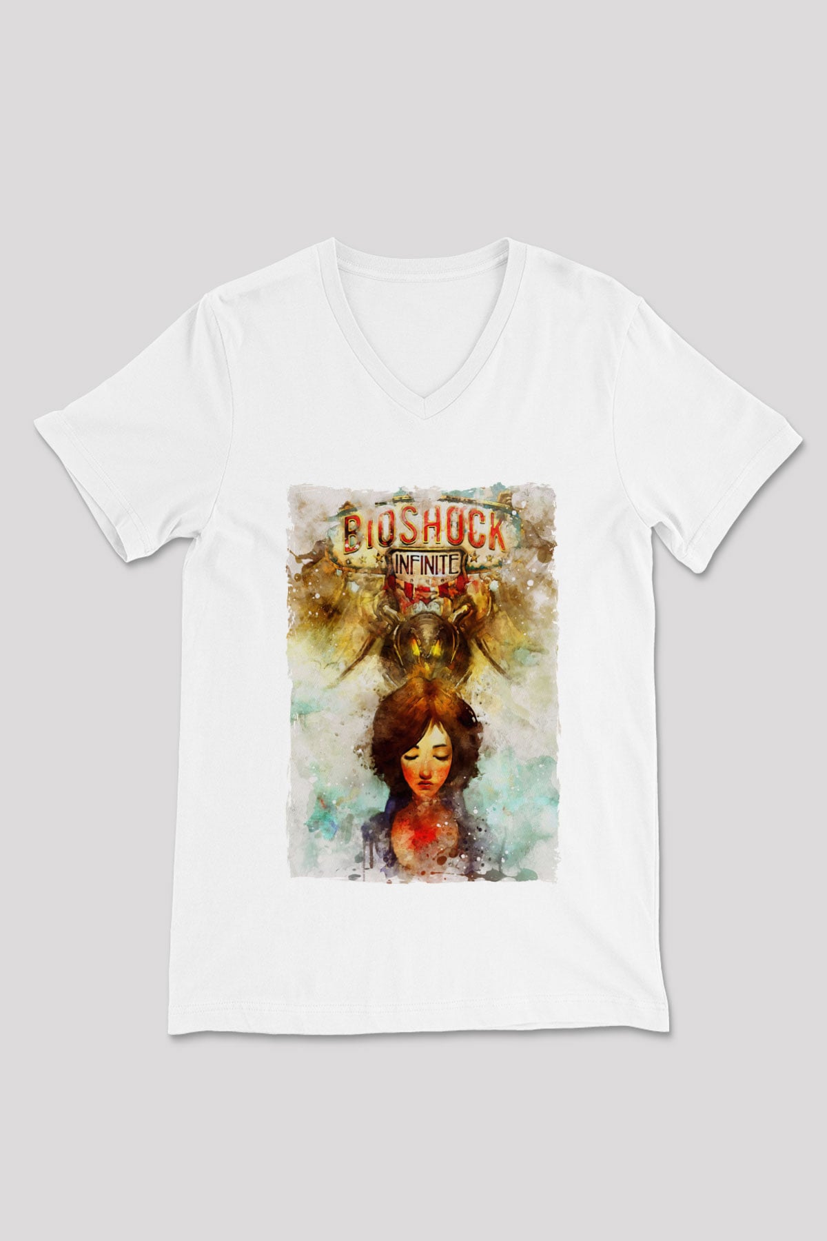 BioShock Beyaz Unisex V Yaka Tişört