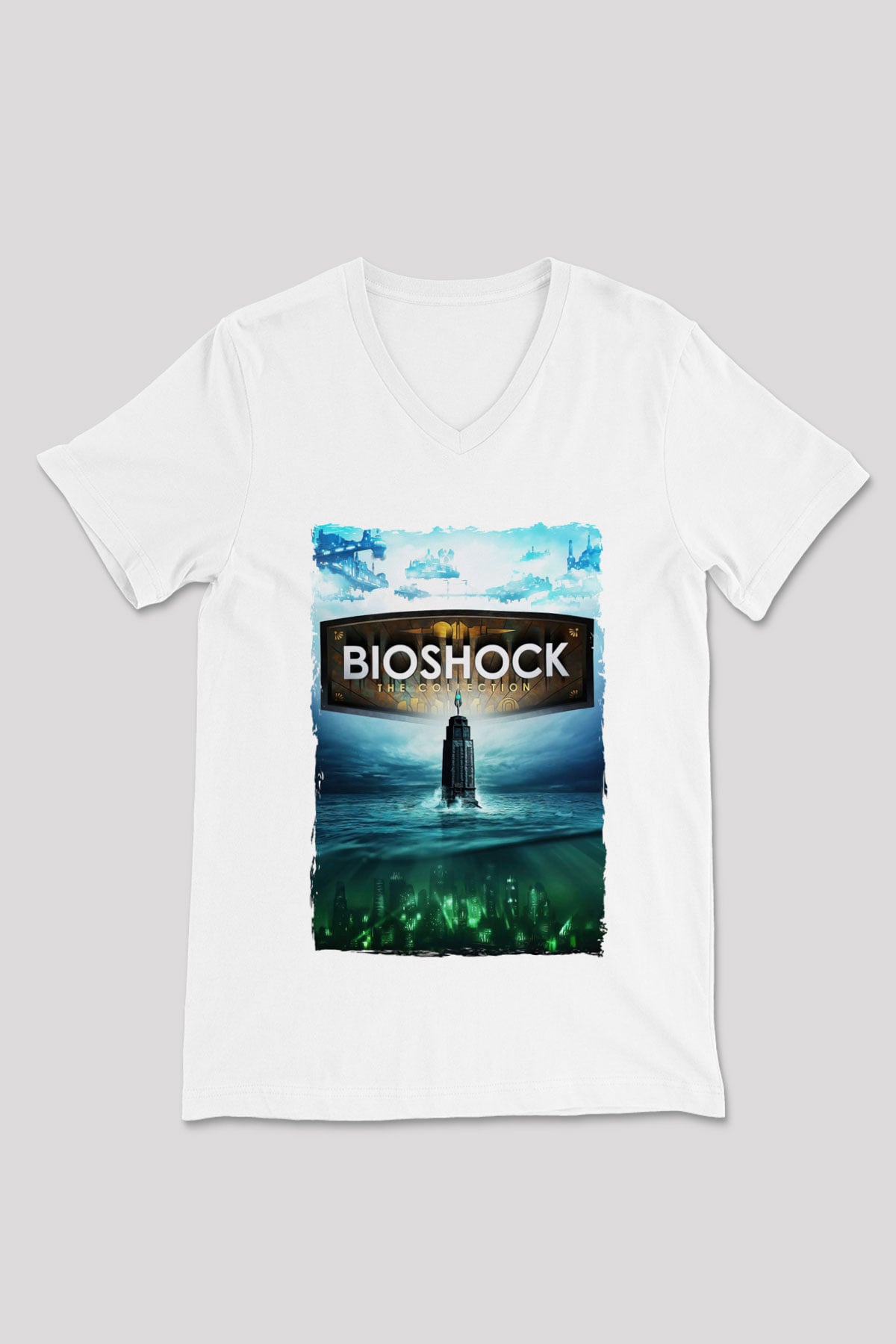 BioShock Beyaz Unisex V Yaka Tişört