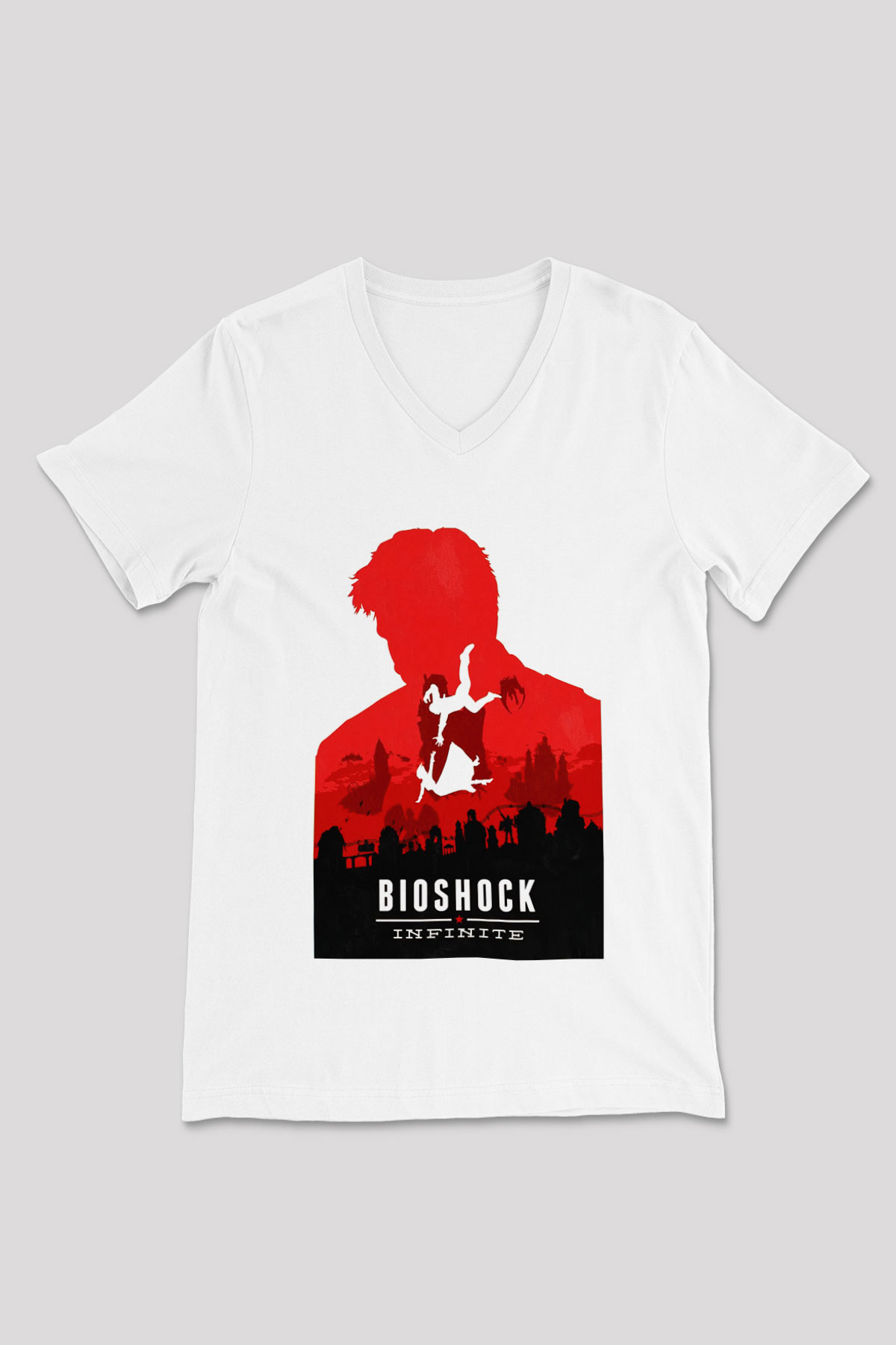 BioShock Beyaz Unisex V Yaka Tişört T-Shirt
