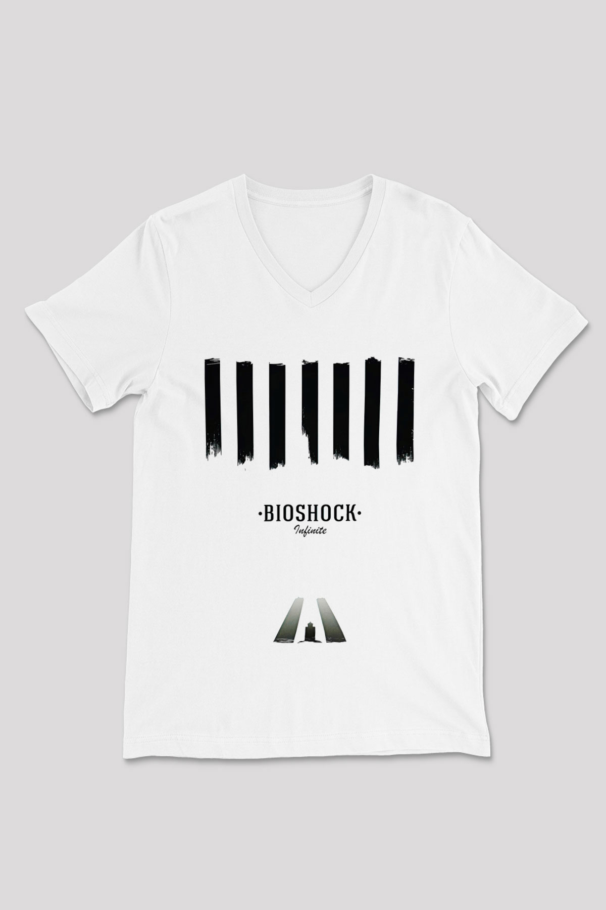 Bioshock James Baskılı Beyaz Unisex V Yaka Tişört - Tshirt