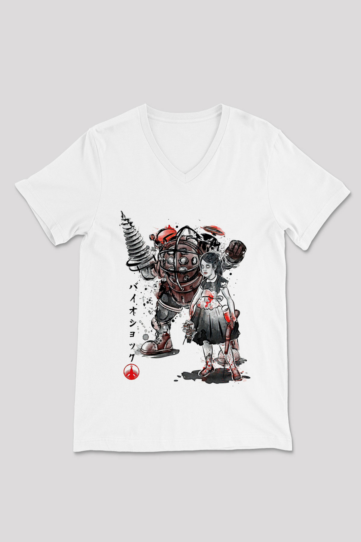 Bioshock James Baskılı Beyaz Unisex V Yaka Tişört - Tshirt