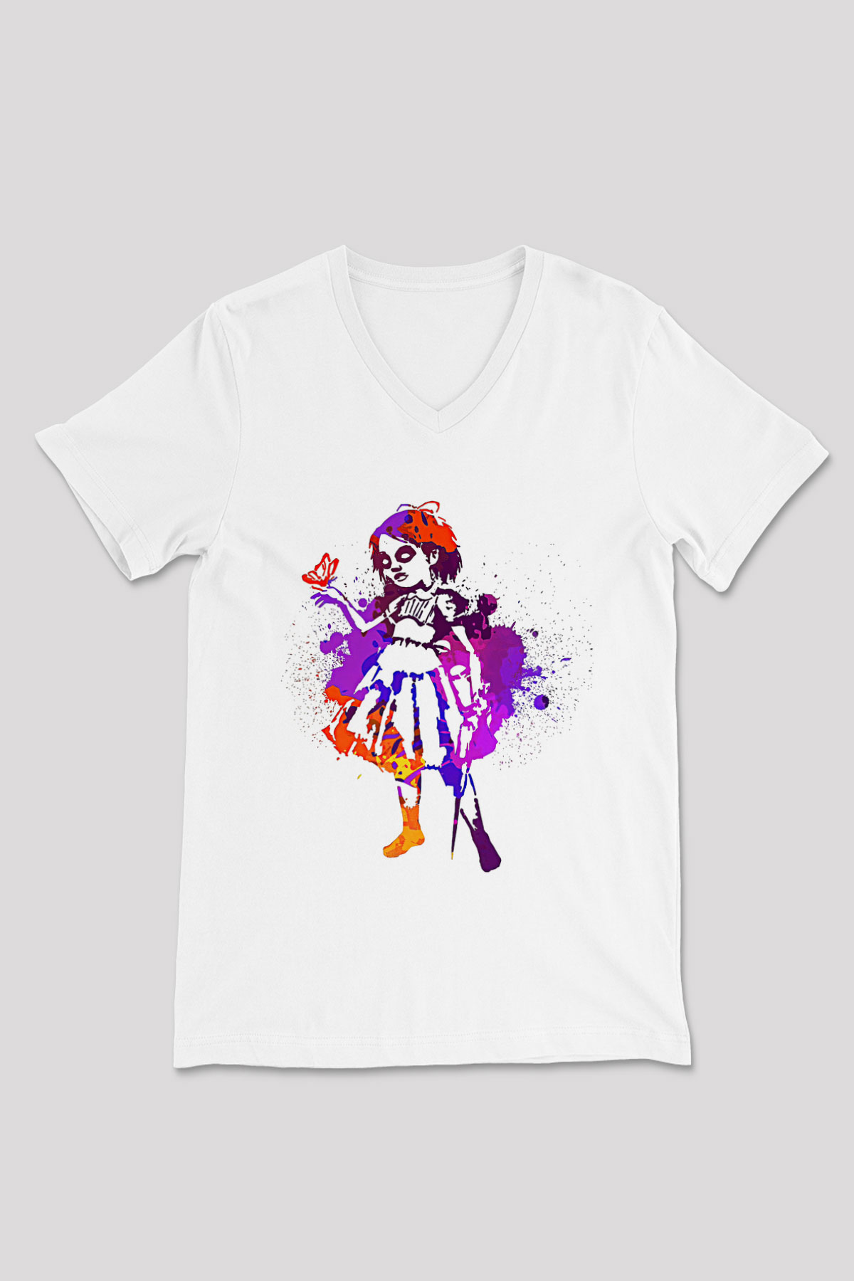 Bioshock James Baskılı Beyaz Unisex V Yaka Tişört - Tshirt