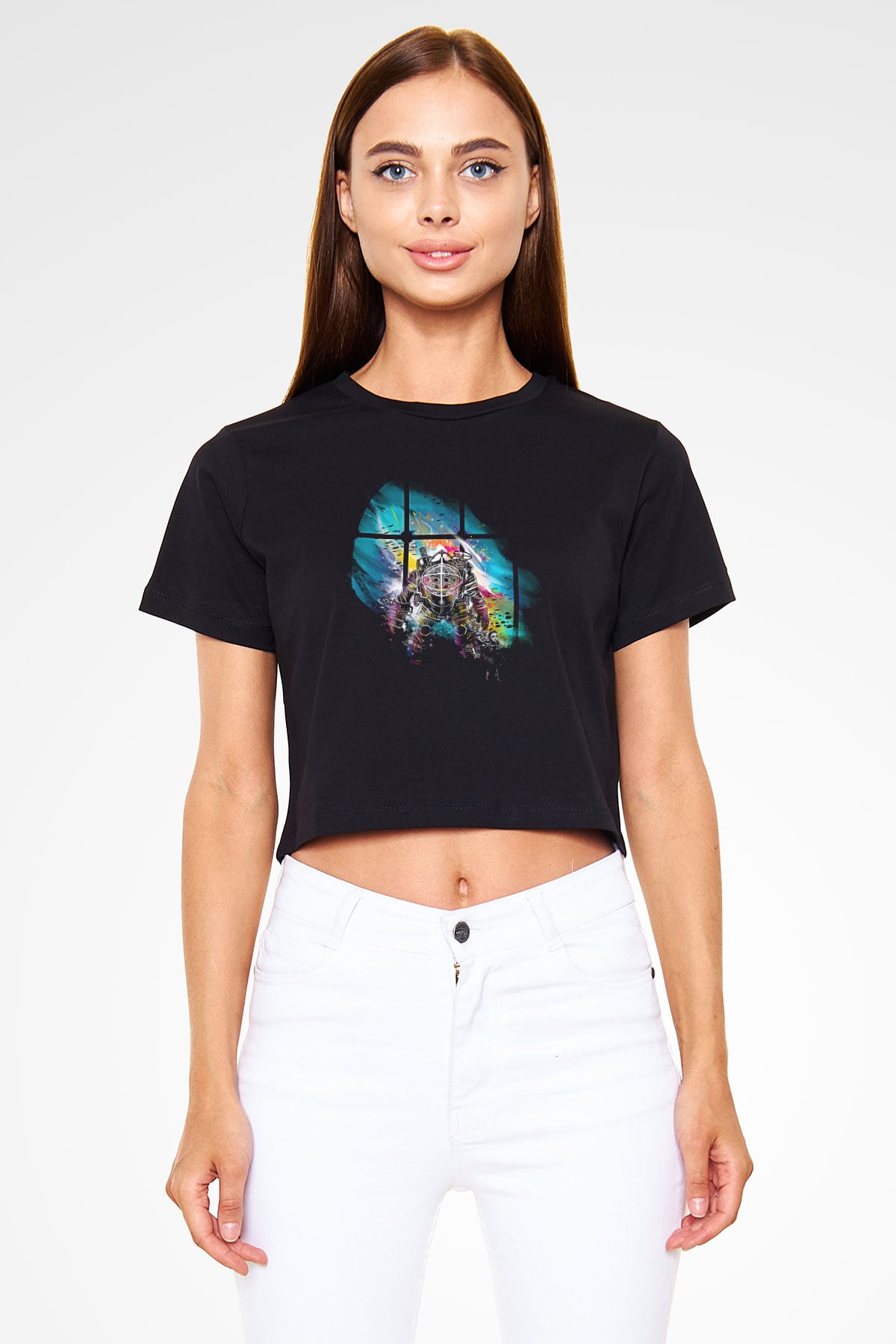 Bioshock James Baskılı Siyah Crop Top Kadın Tişört - Tshirt