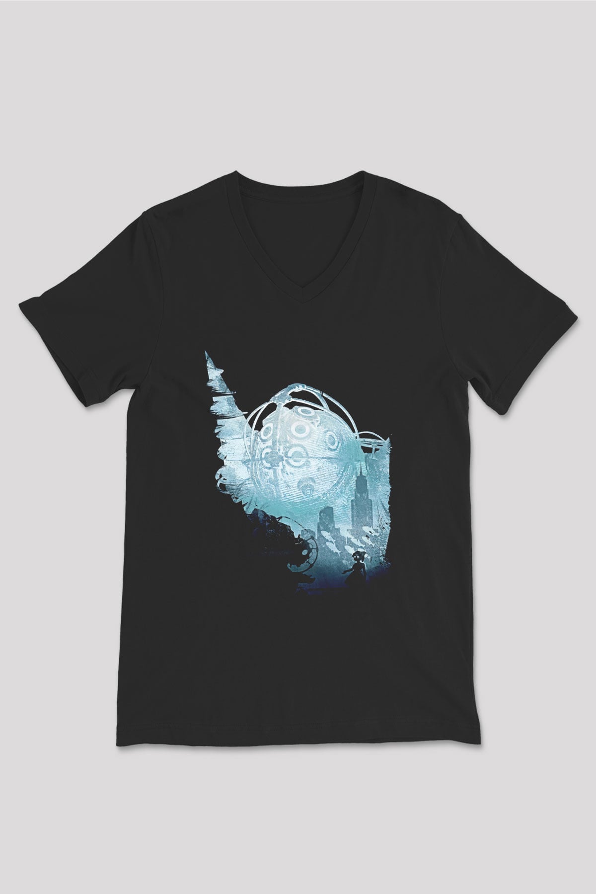 Bioshock James Baskılı Unisex Siyah V Yaka Tişört - Tshirt