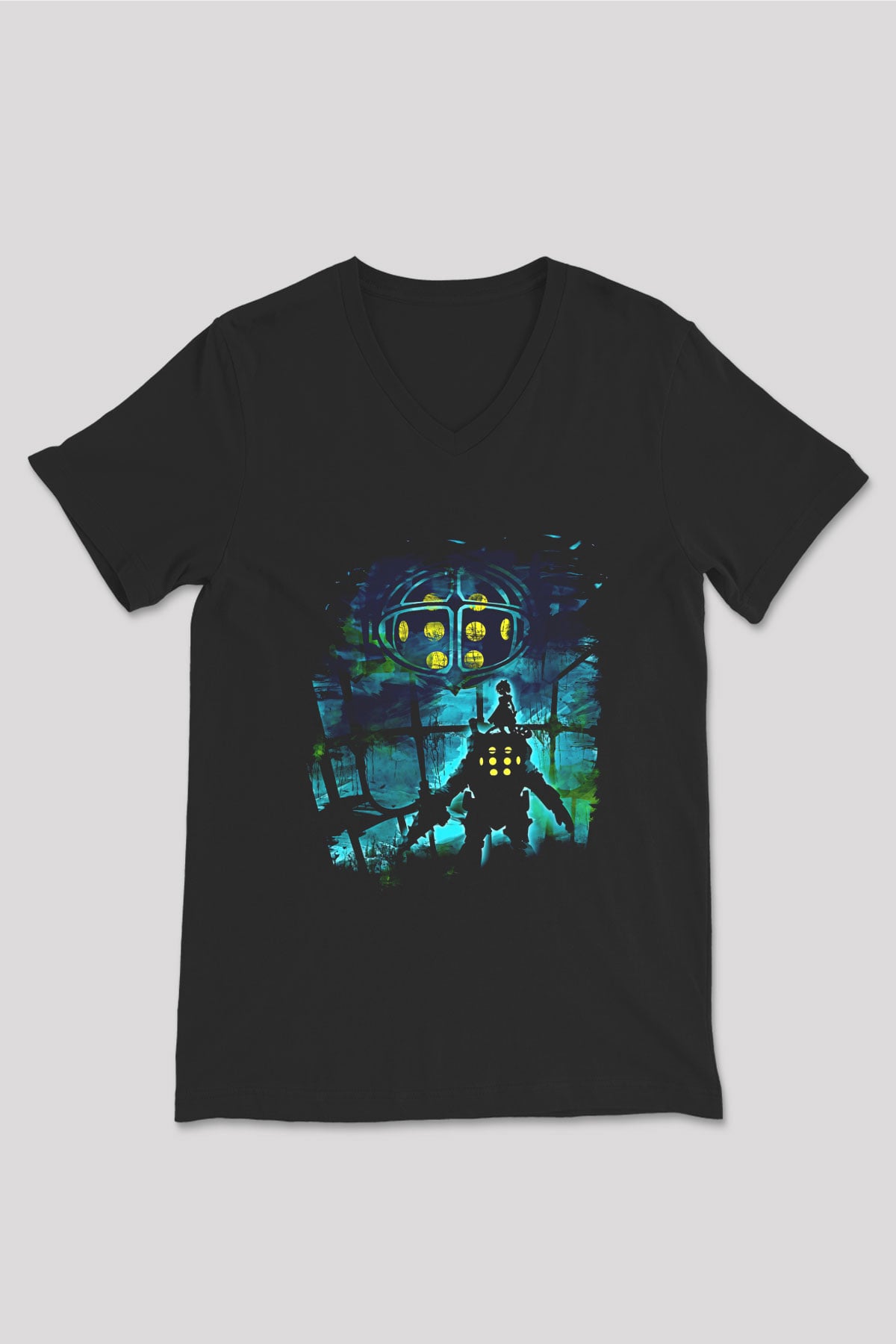 Bioshock James Baskılı Unisex Siyah V Yaka Tişört - Tshirt