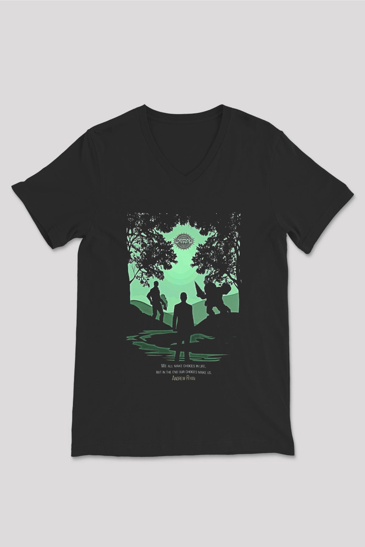 Bioshock James Baskılı Unisex Siyah V Yaka Tişört - Tshirt