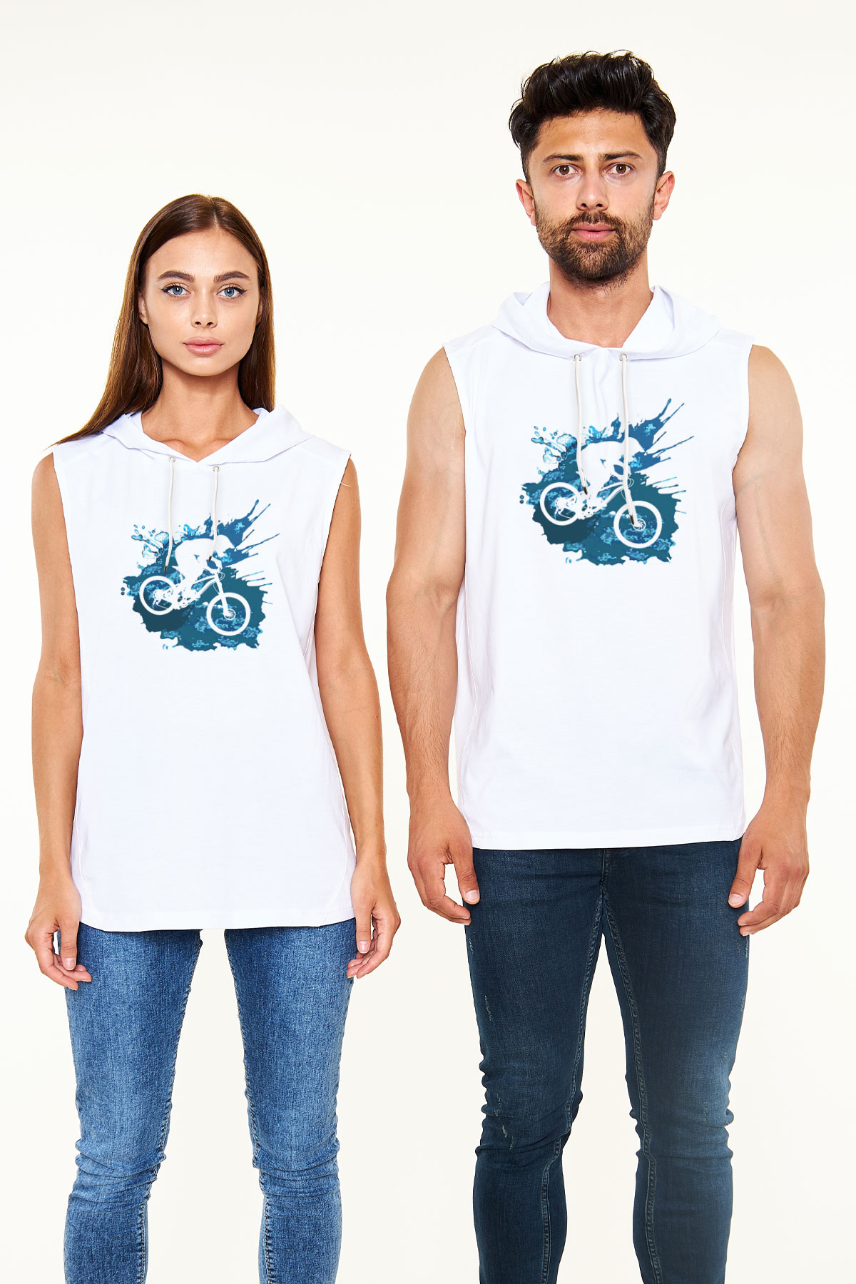 Bisiklet Beyaz Unisex Kapüşonlu Kolsuz Tişört