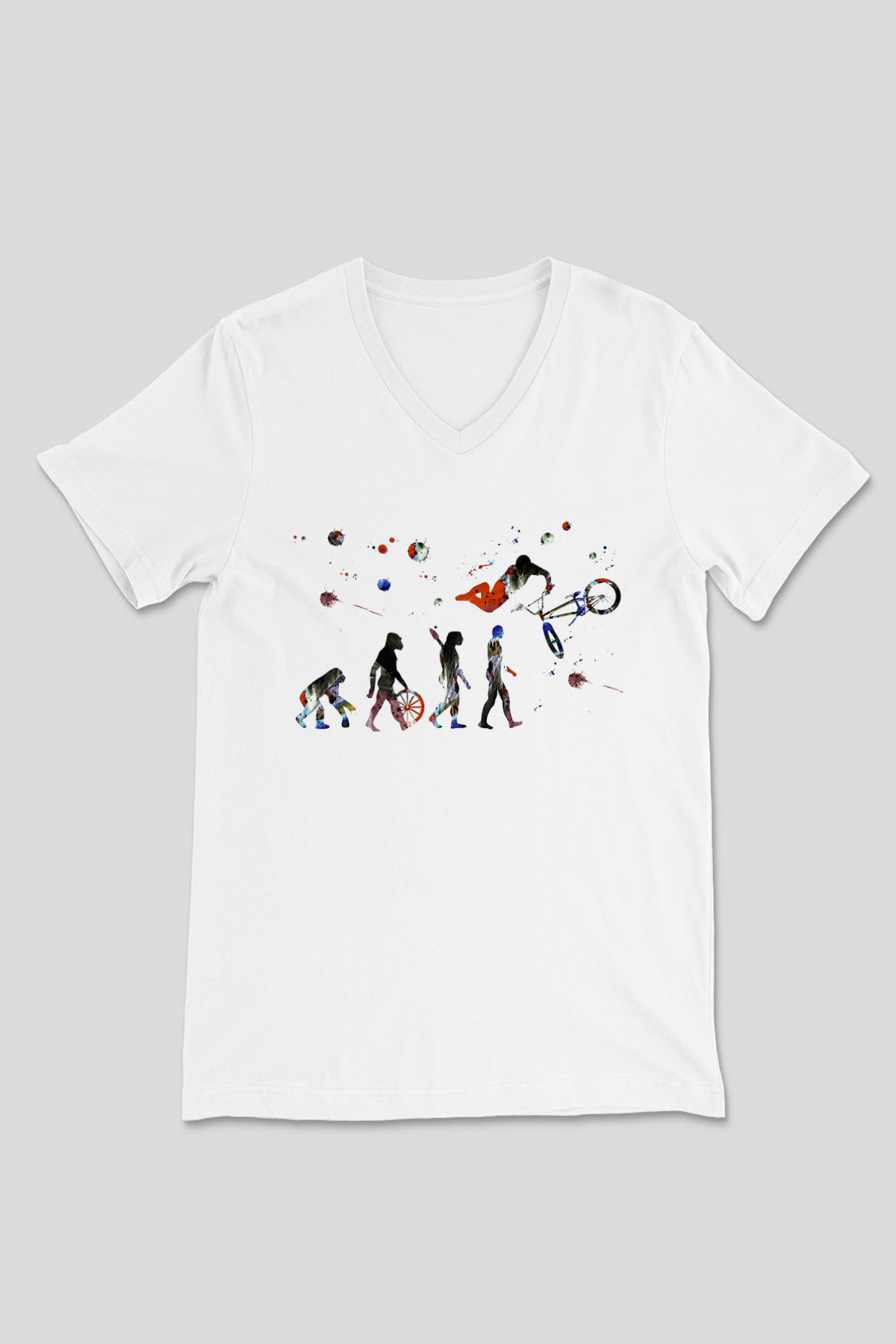 Bisiklet Beyaz Unisex V Yaka Tişört T-Shirt