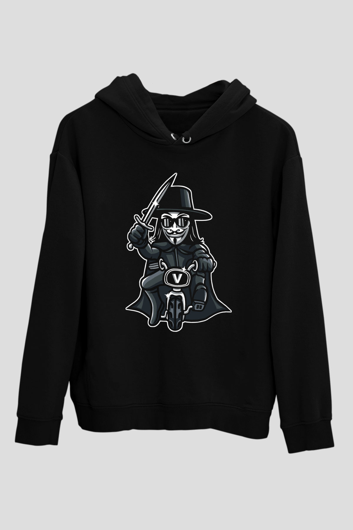 Bisikletçi Vendetta Baskılı Unisex Siyah Hoodie