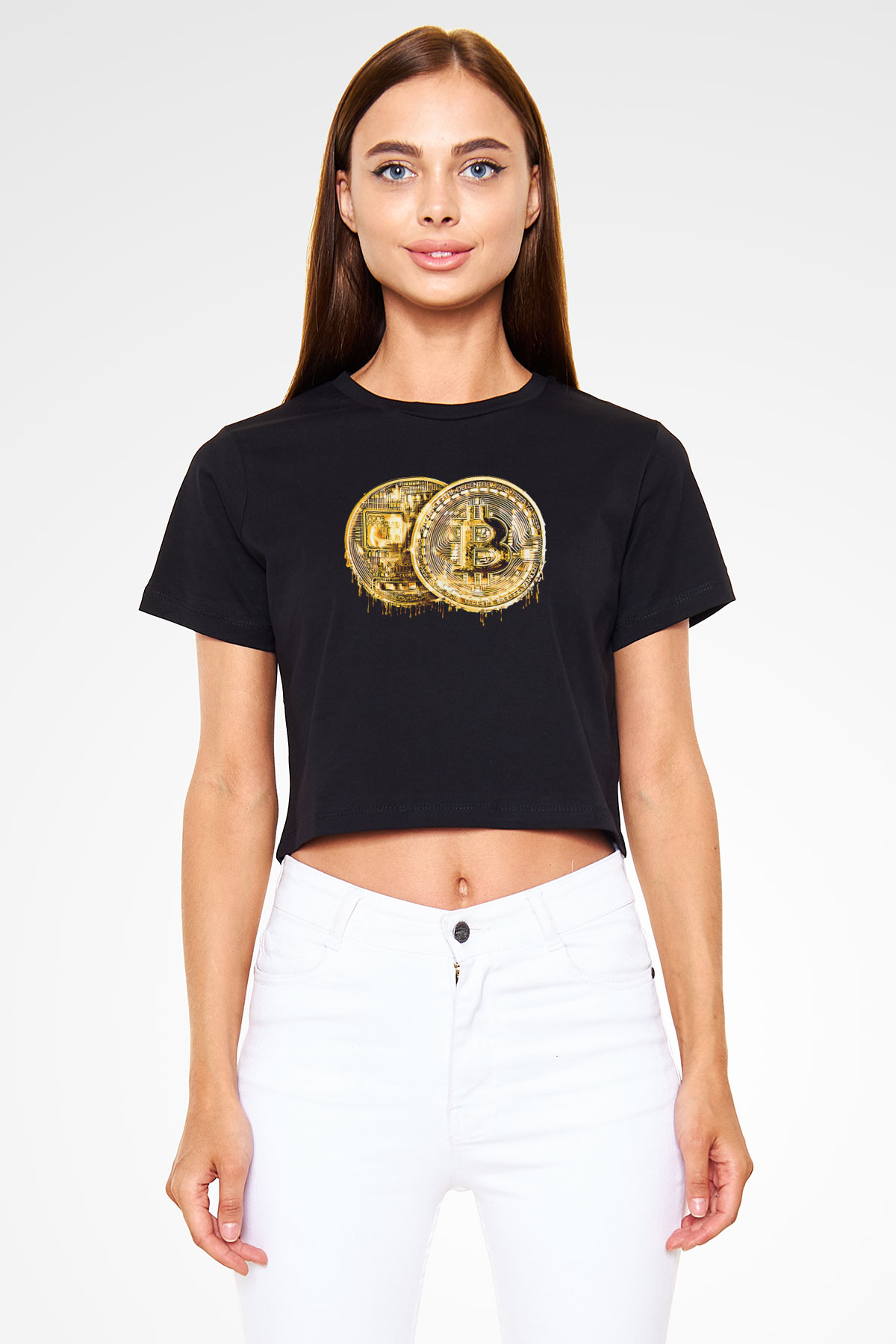 Bitcoin Baskılı Siyah Crop Top Kadın Tişört - Tshirt