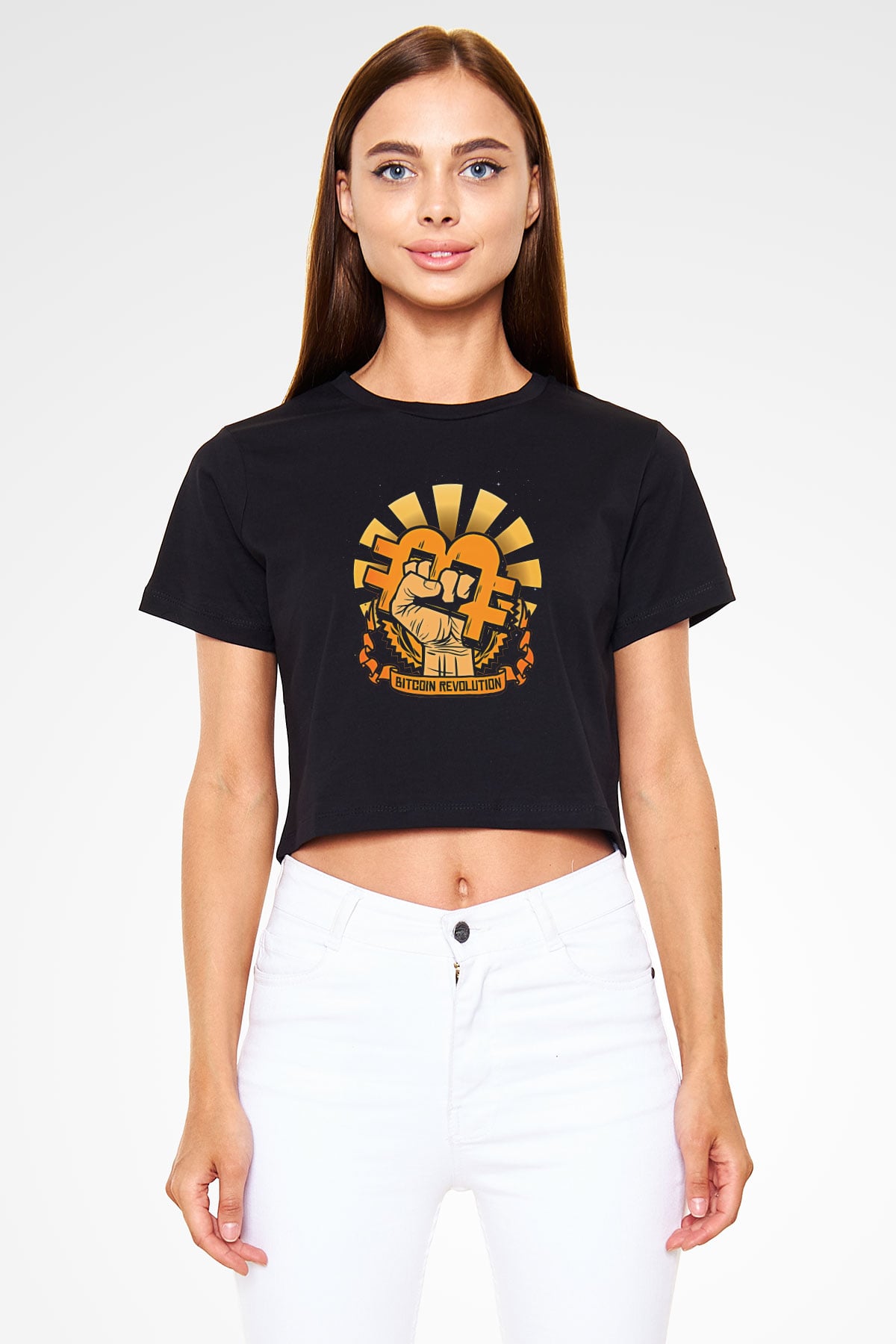 Bitcoin Baskılı Siyah Crop Top Kadın Tişört - Tshirt