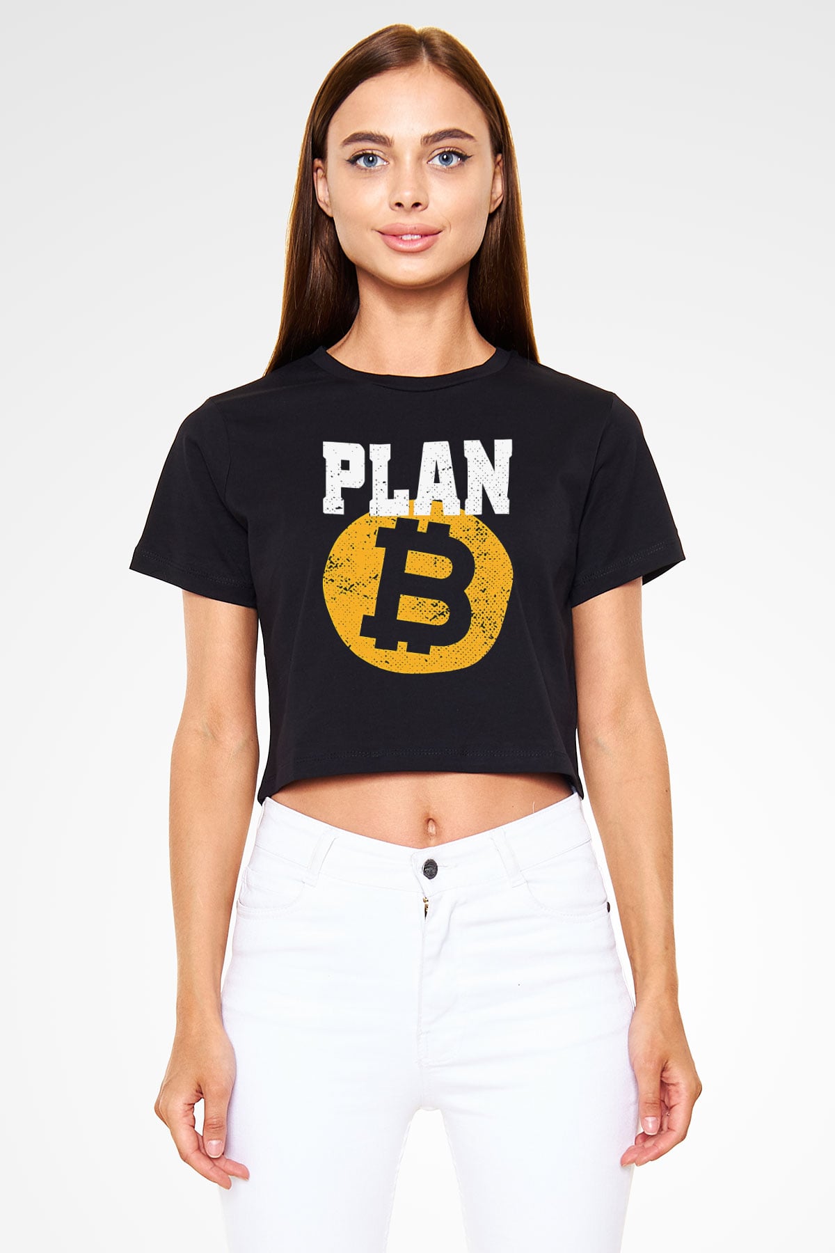 Bitcoin Baskılı Siyah Crop Top Kadın Tişört - Tshirt