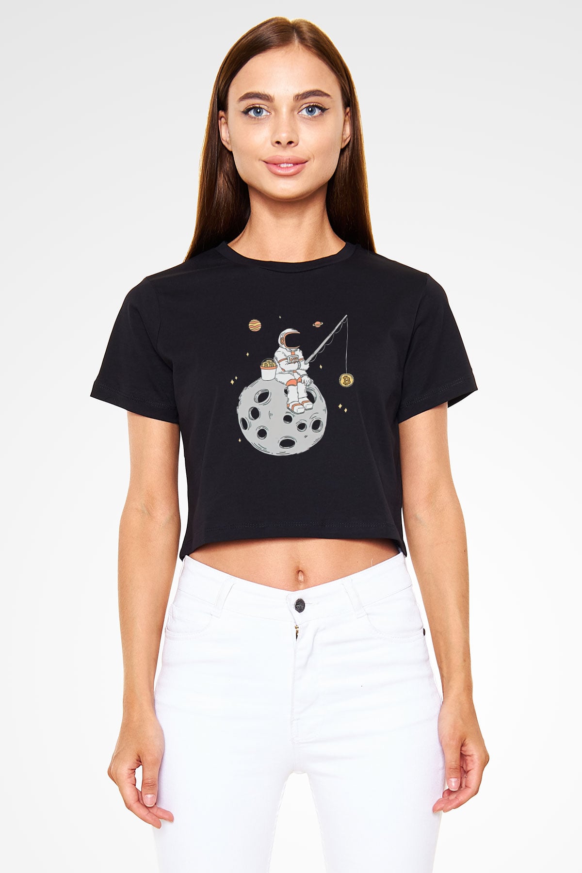 Bitcoin Baskılı Siyah Crop Top Kadın Tişört - Tshirt