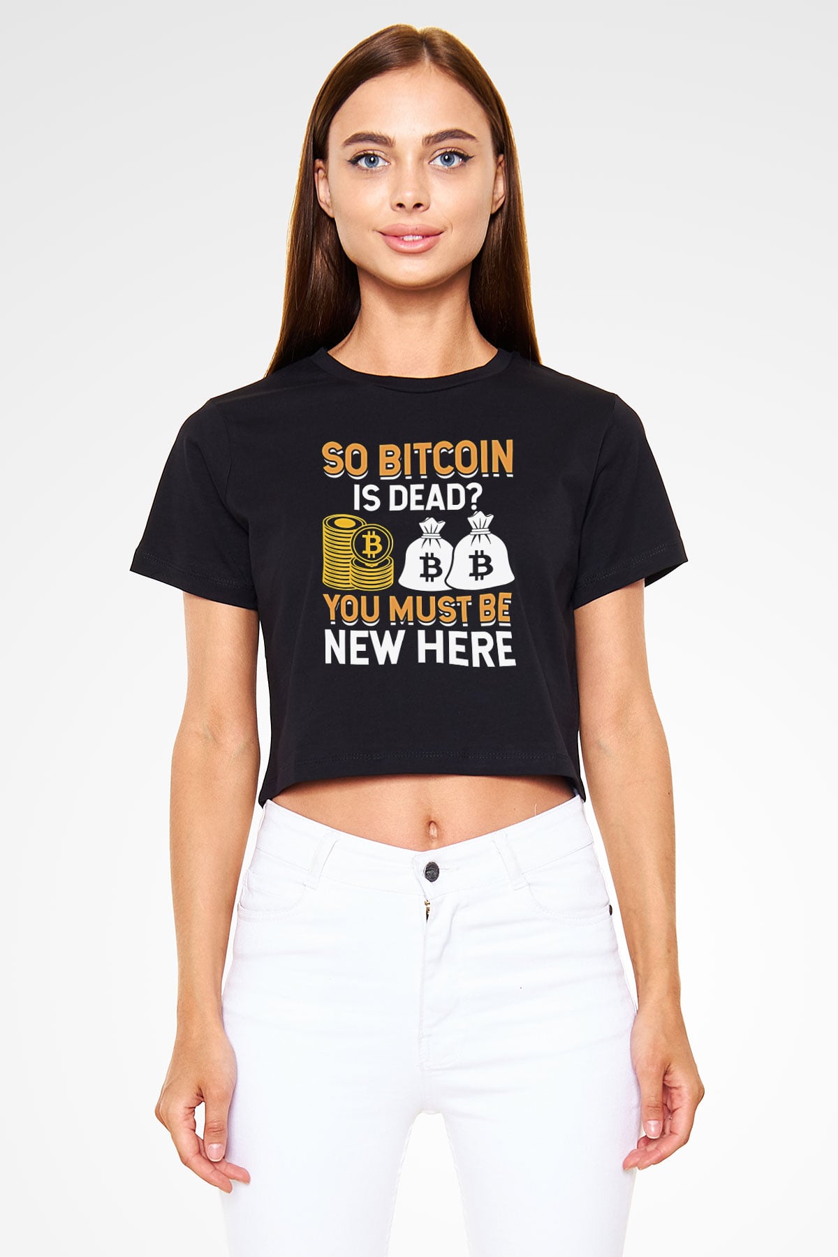 Bitcoin Baskılı Siyah Crop Top Kadın Tişört - Tshirt