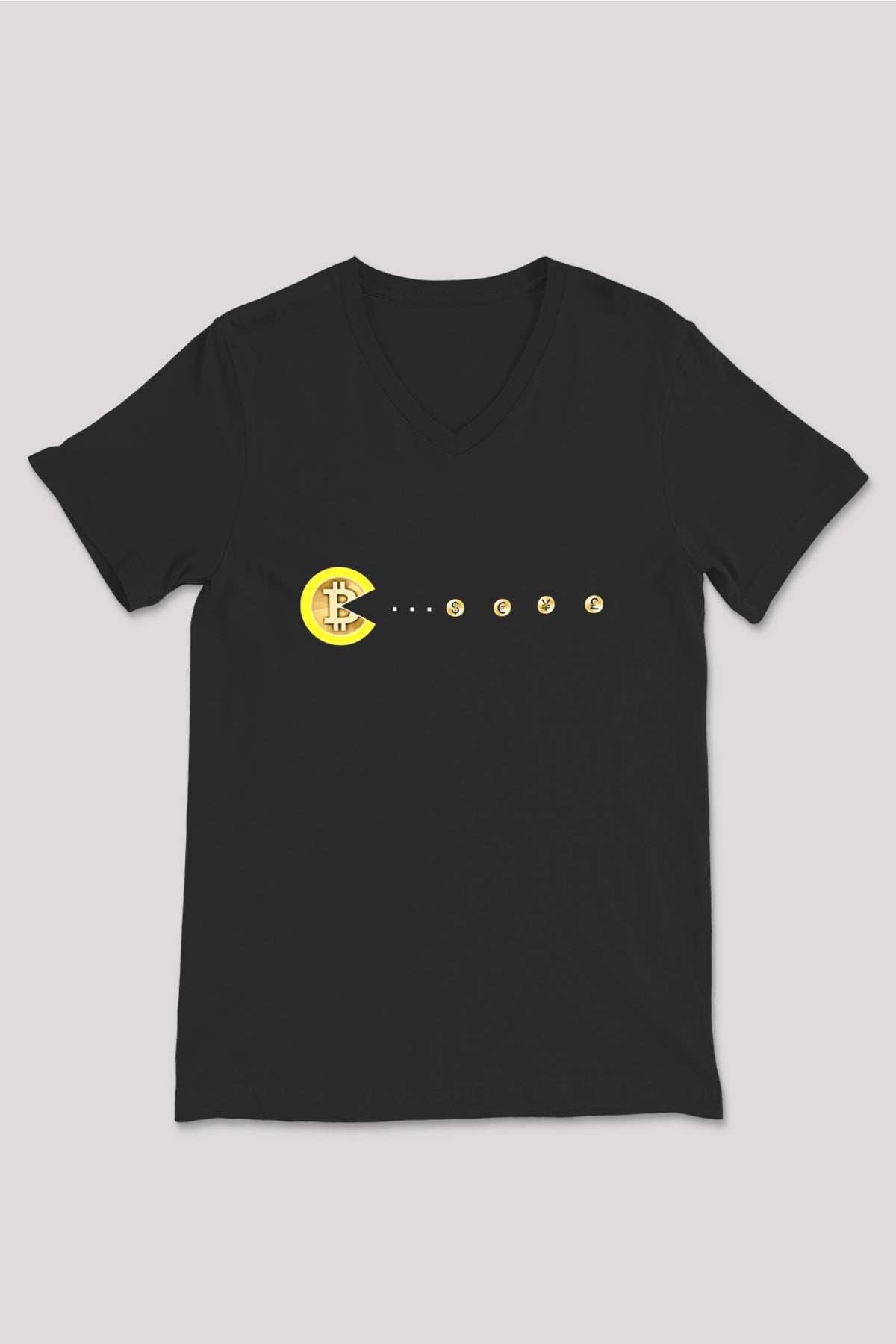 Bitcoin Baskılı Unisex Siyah V Yaka Tişört - Tshirt