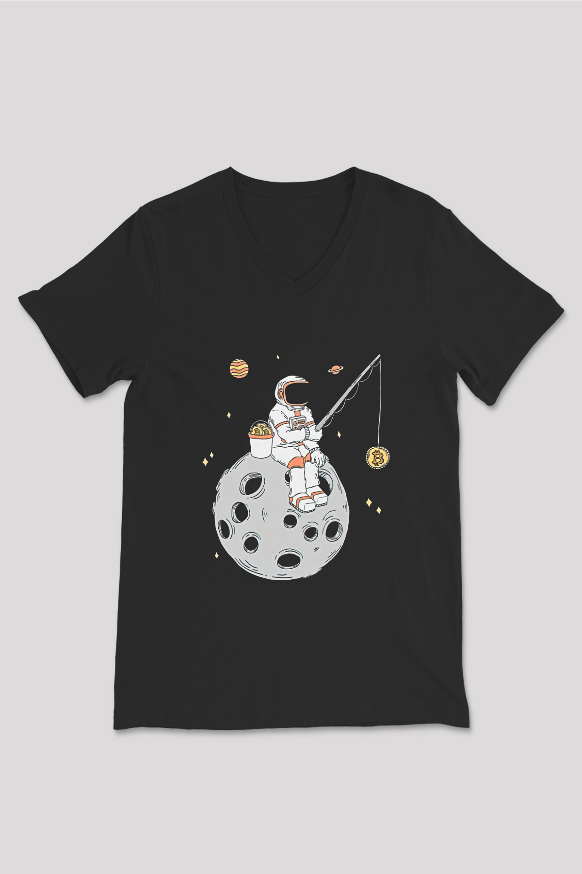 Bitcoin Baskılı Unisex Siyah V Yaka Tişört - Tshirt