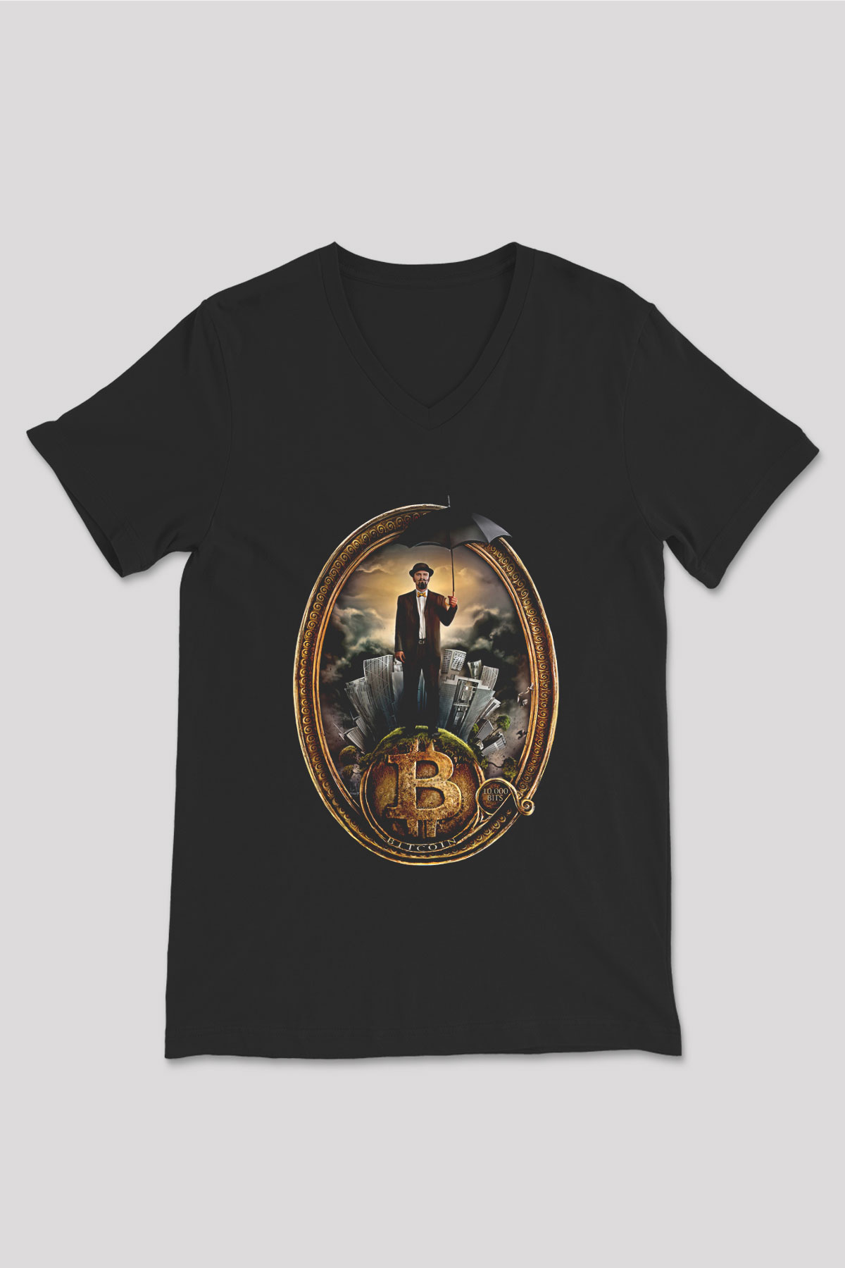 Bitcoin Baskılı Unisex Siyah V Yaka Tişört - Tshirt