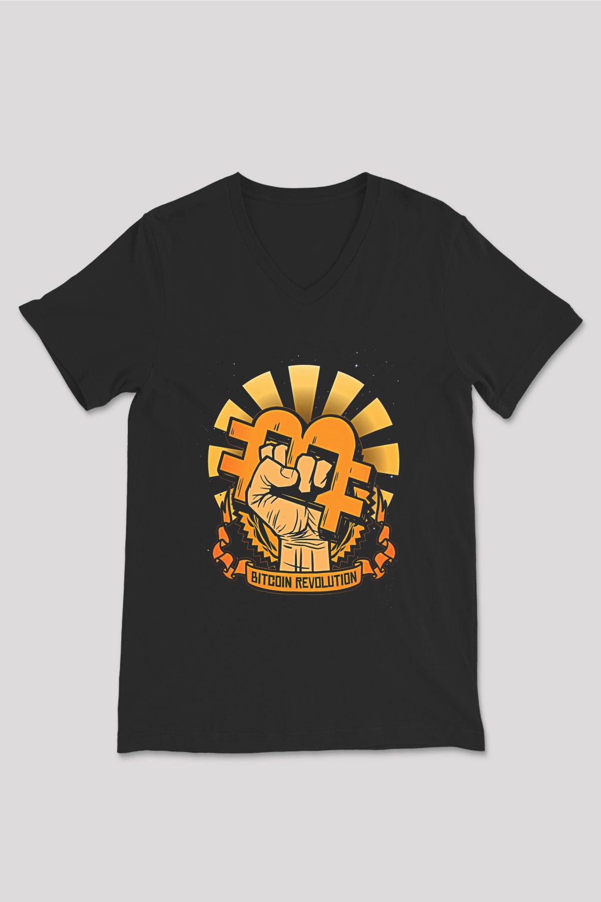 Bitcoin Baskılı Unisex Siyah V Yaka Tişört - Tshirt
