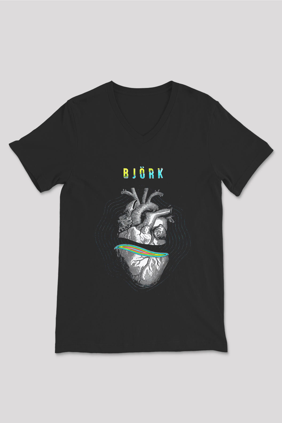 Björk Baskılı Unisex Siyah V Yaka Tişört - Tshirt