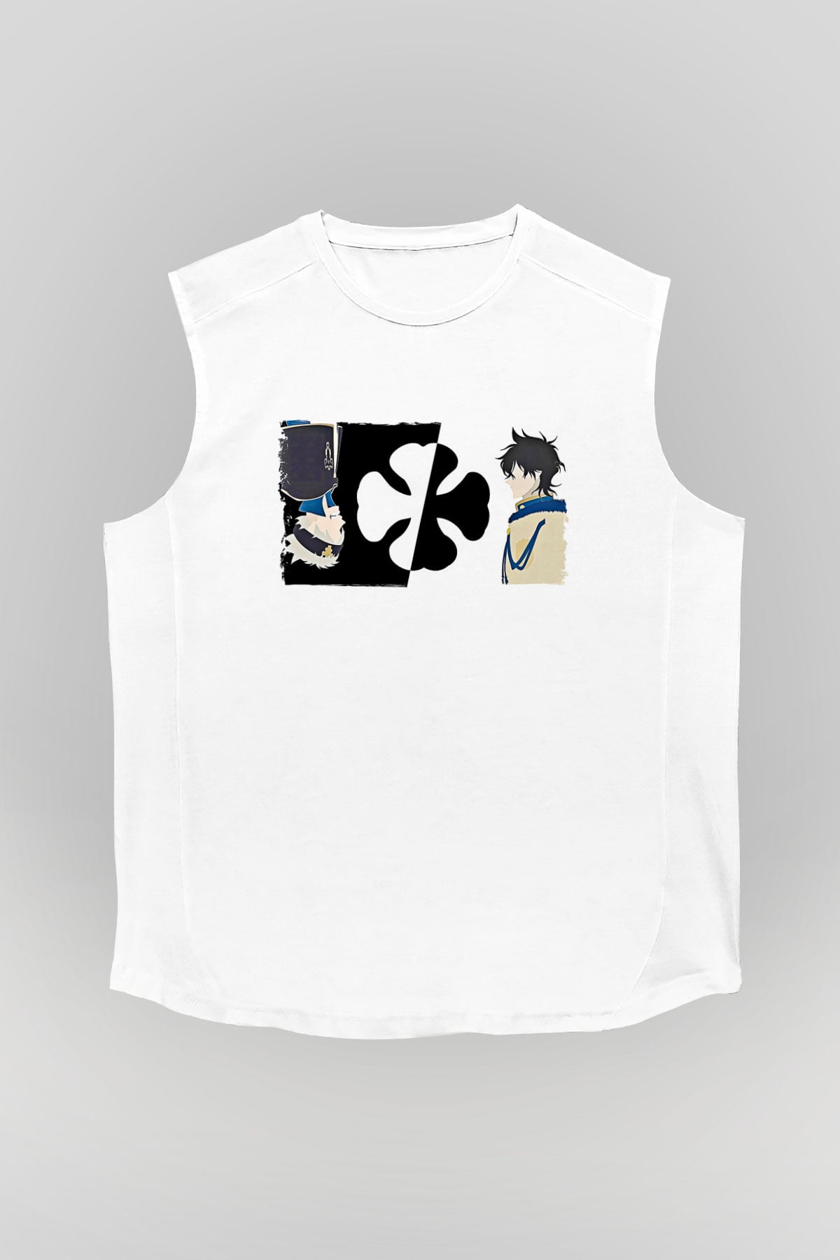 Black Clover Baskılı Beyaz Unisex Kolsuz Tişört - Tshirt
